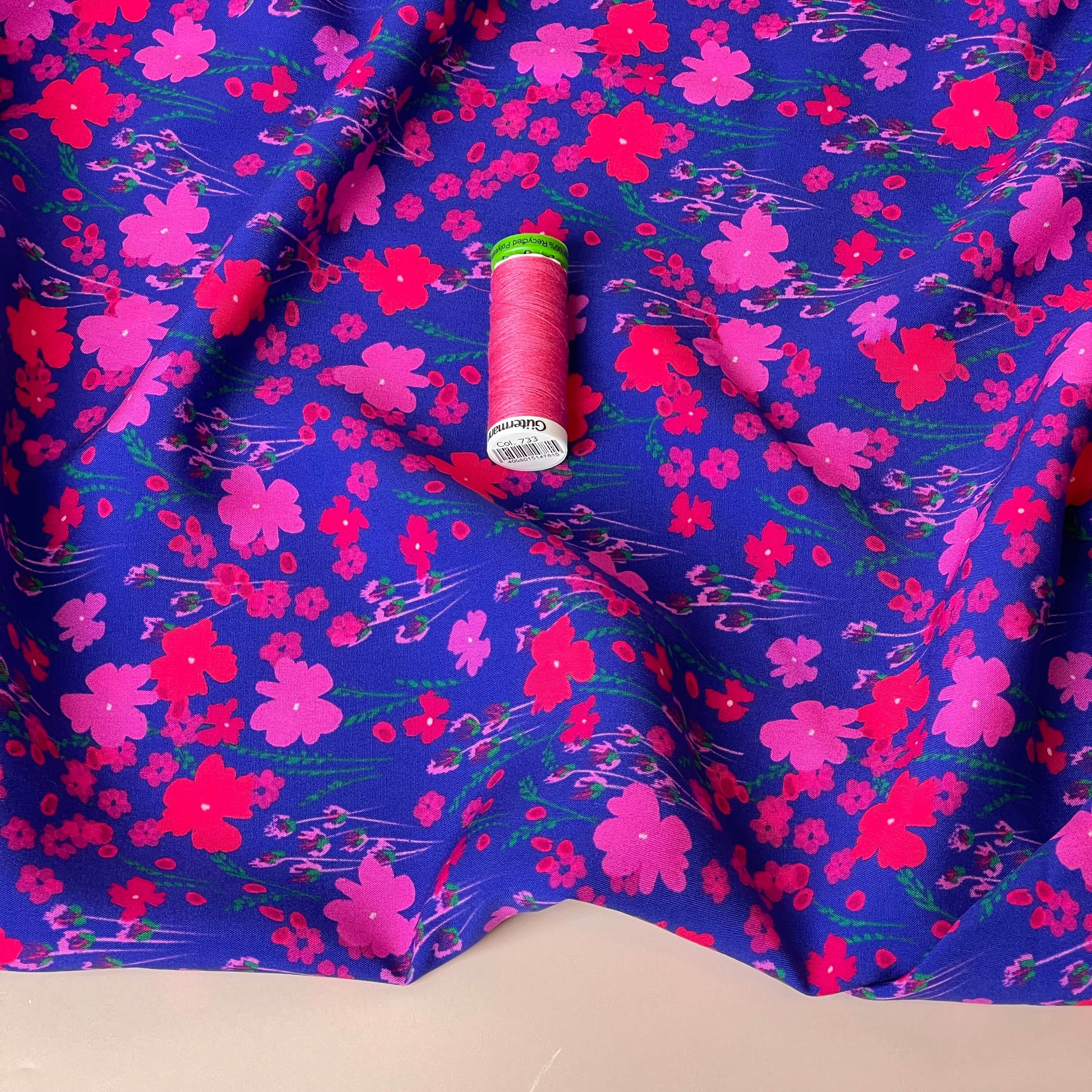 Pink Flowers on Blue LENZING™ ECOVERO™ Viscose Fabric