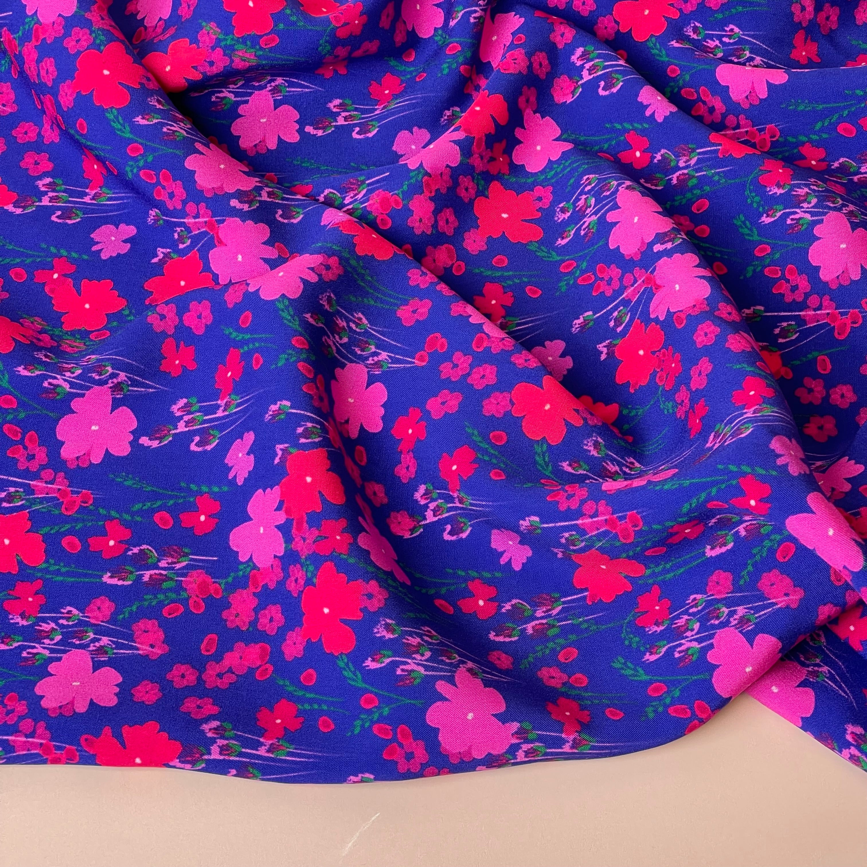 Pink Flowers on Blue LENZING™ ECOVERO™ Viscose Fabric
