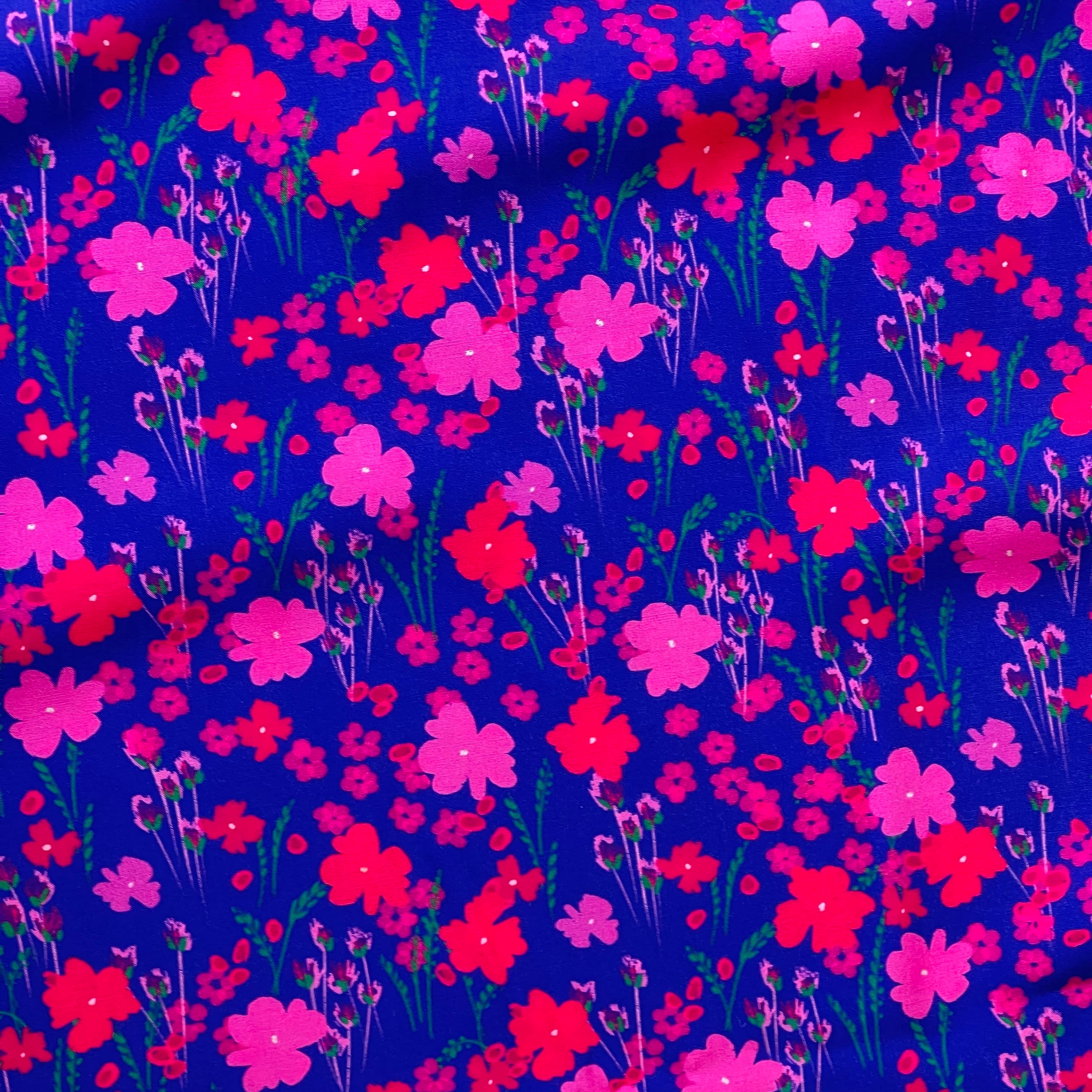 Pink Flowers on Blue LENZING™ ECOVERO™ Viscose Fabric