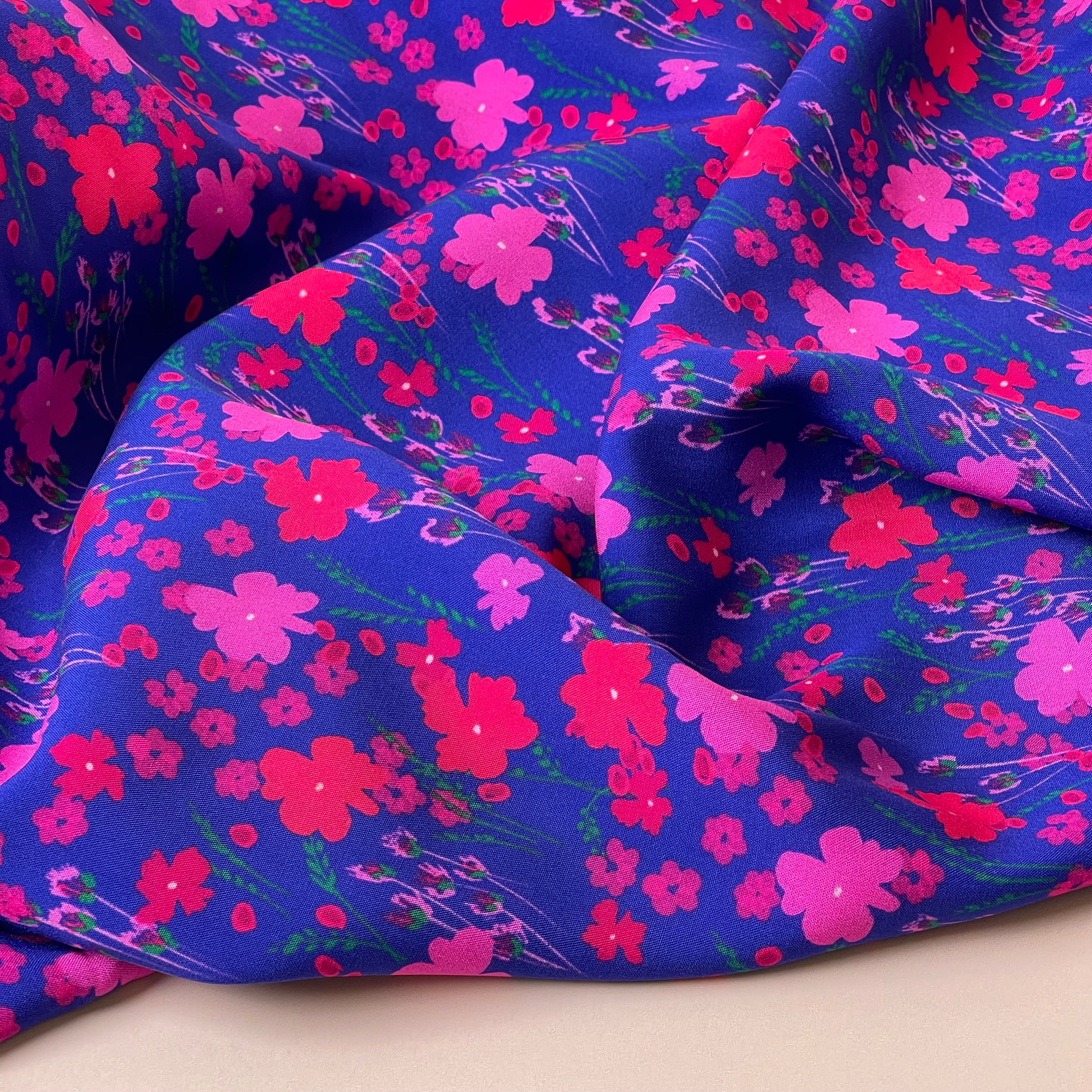 Pink Flowers on Blue LENZING™ ECOVERO™ Viscose Fabric