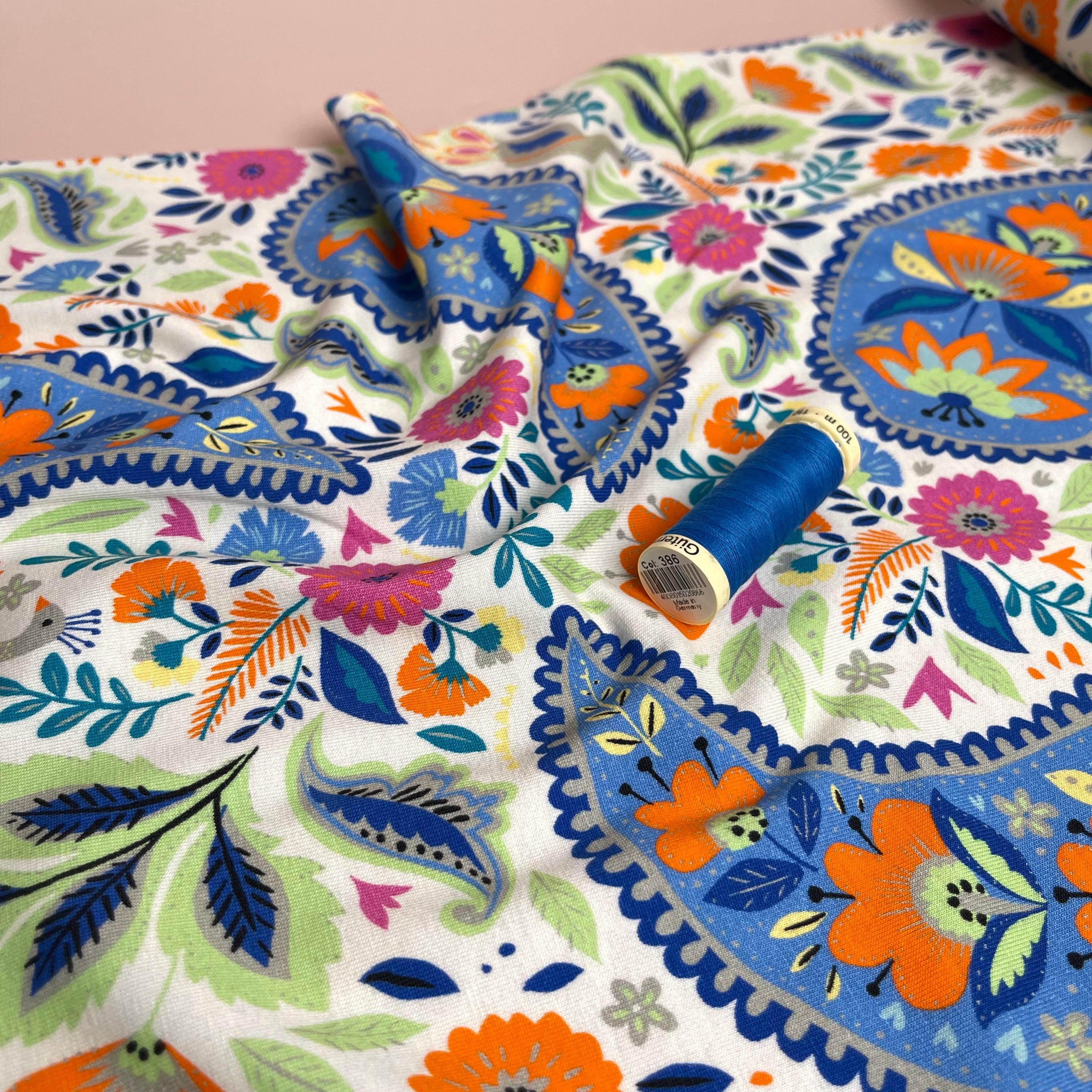 REMNANT 1.5 Metres - Spring Garden on White Cotton Jersey Fabric