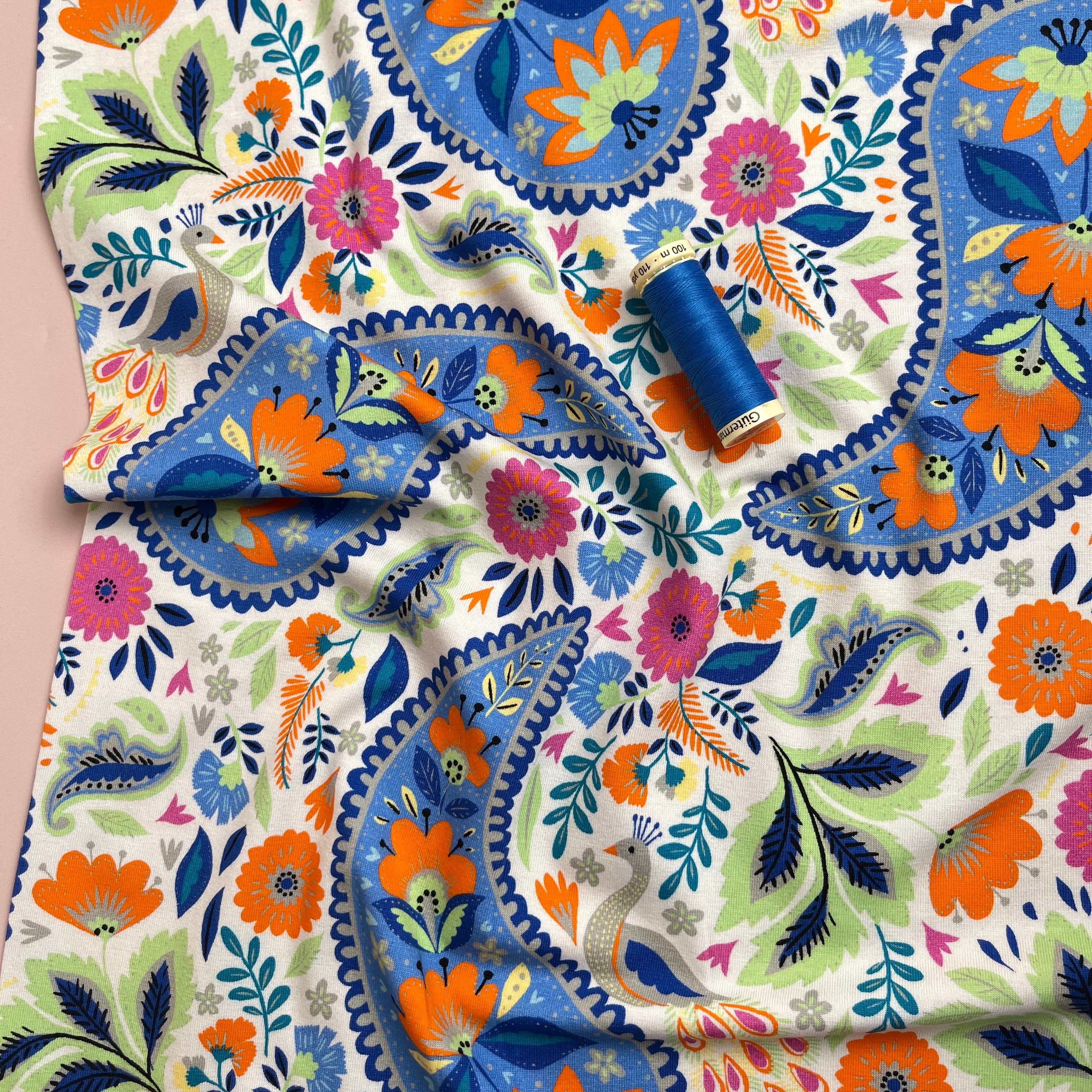 REMNANT 1.5 Metres - Spring Garden on White Cotton Jersey Fabric