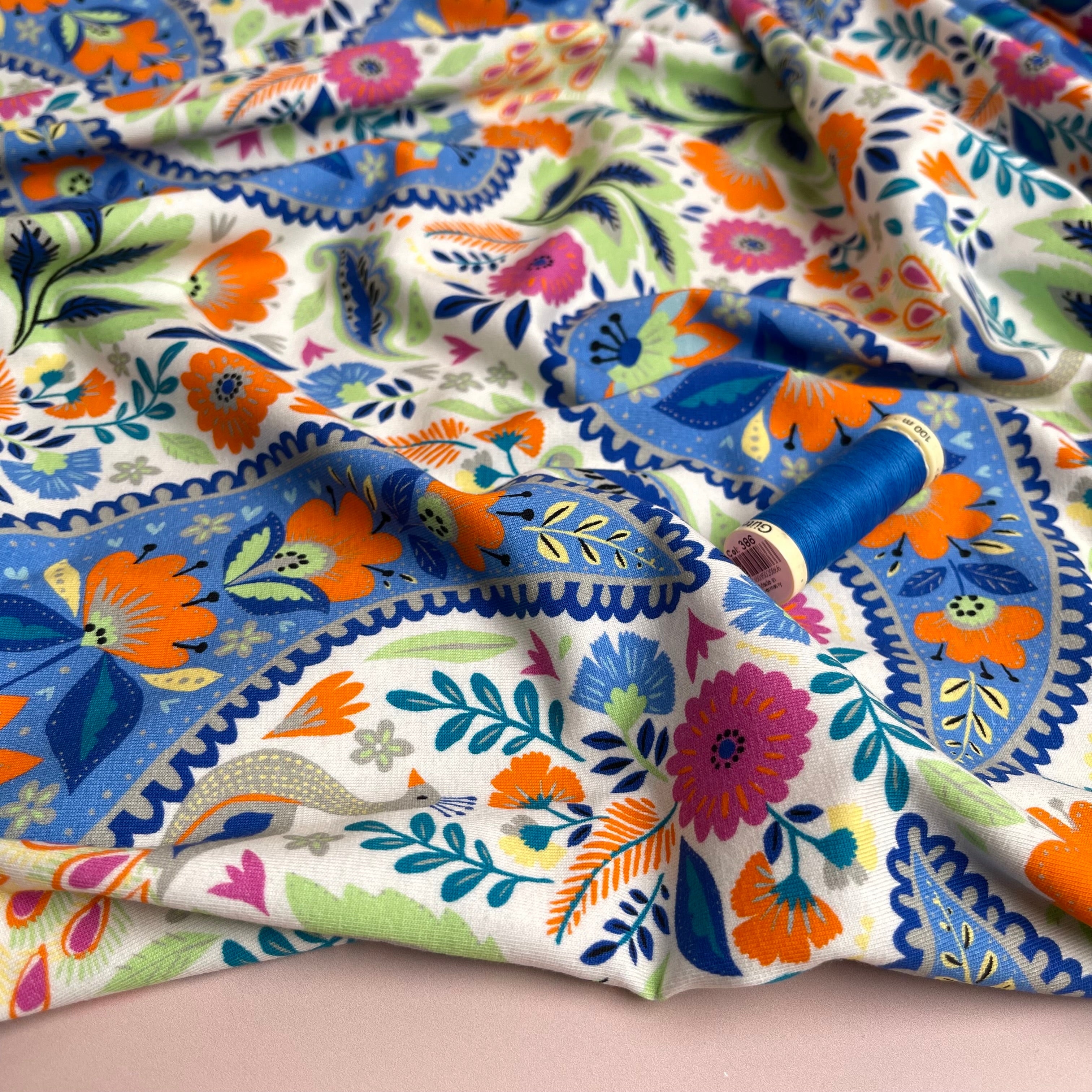 REMNANT 1.5 Metres - Spring Garden on White Cotton Jersey Fabric