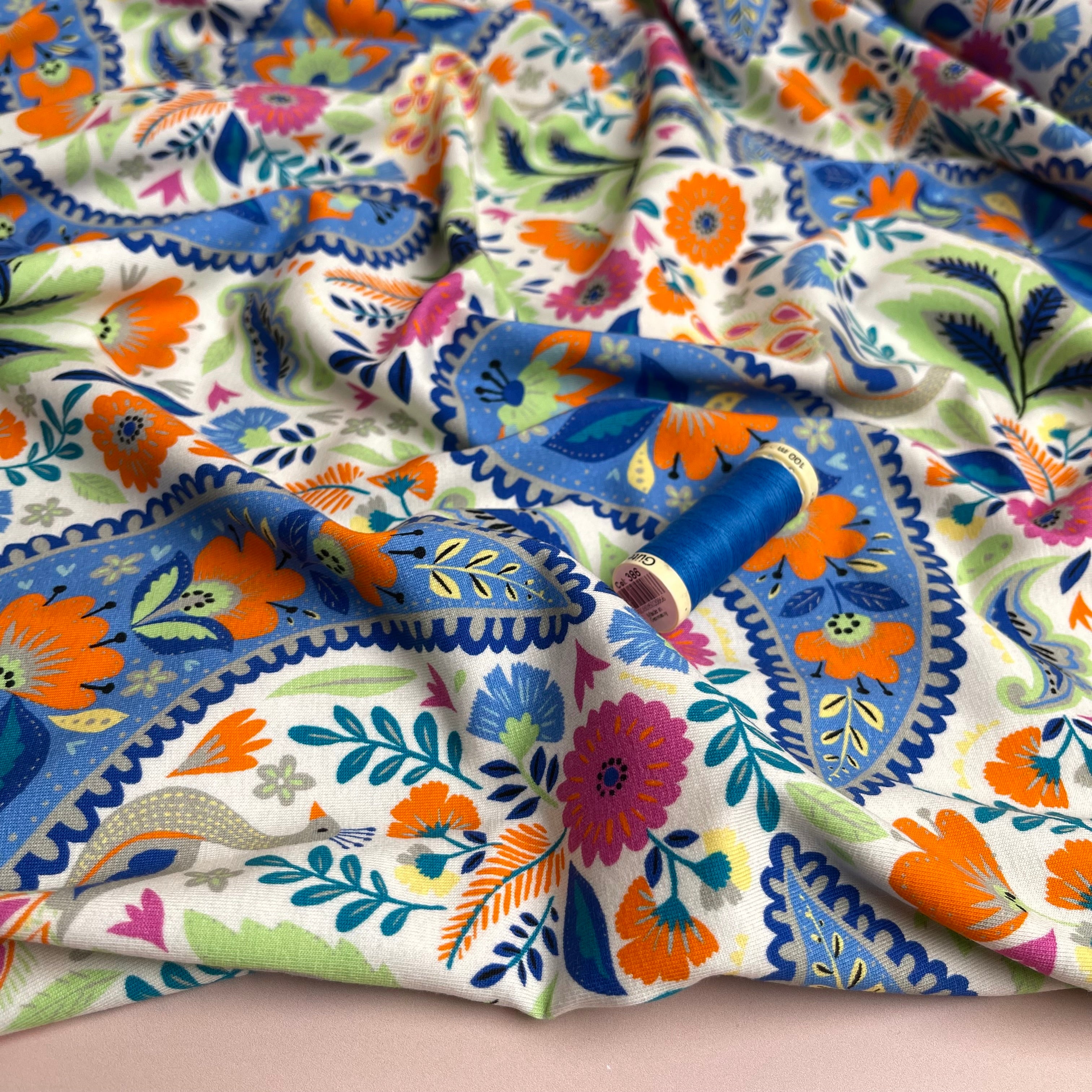 REMNANT 1.5 Metres - Spring Garden on White Cotton Jersey Fabric