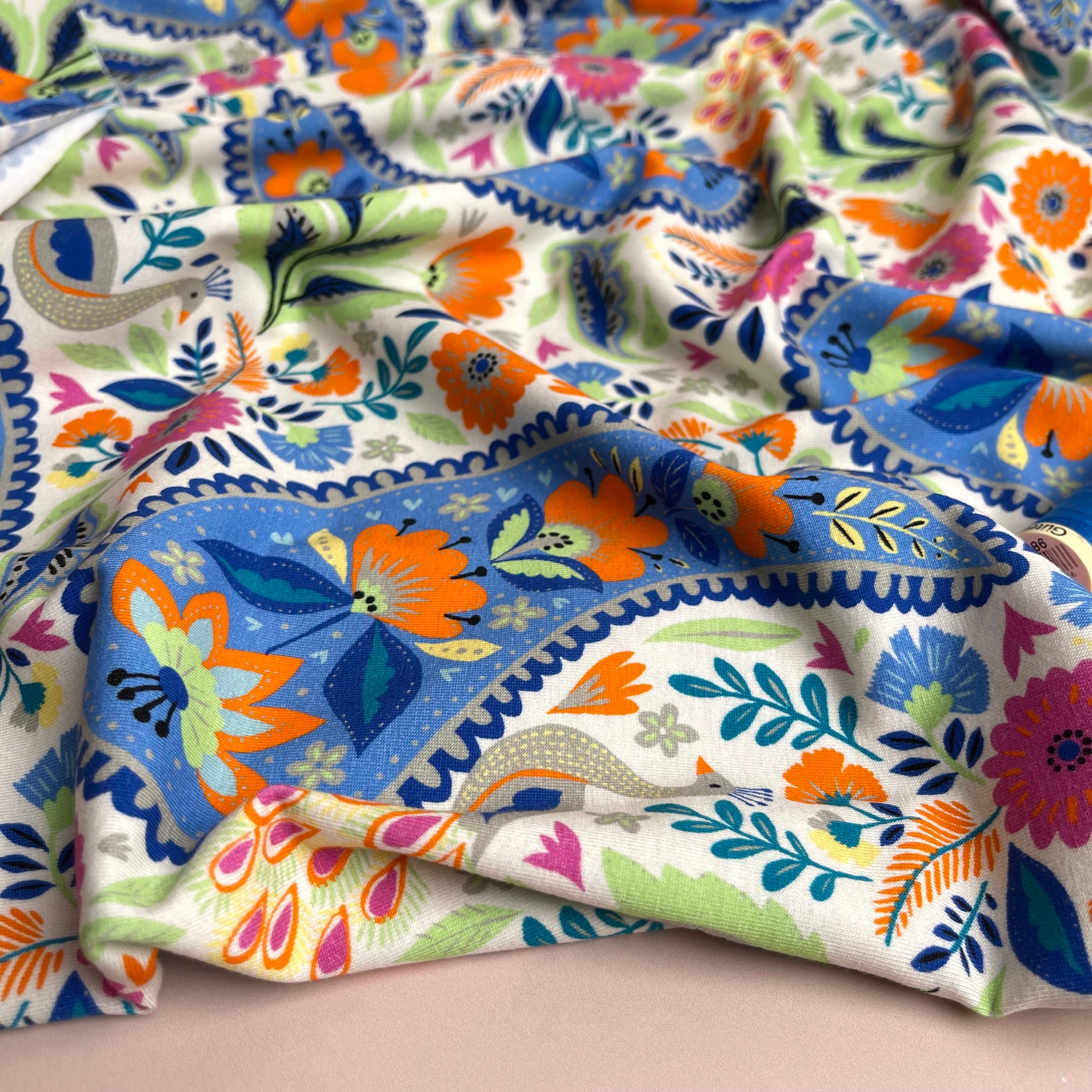 REMNANT 1.5 Metres - Spring Garden on White Cotton Jersey Fabric