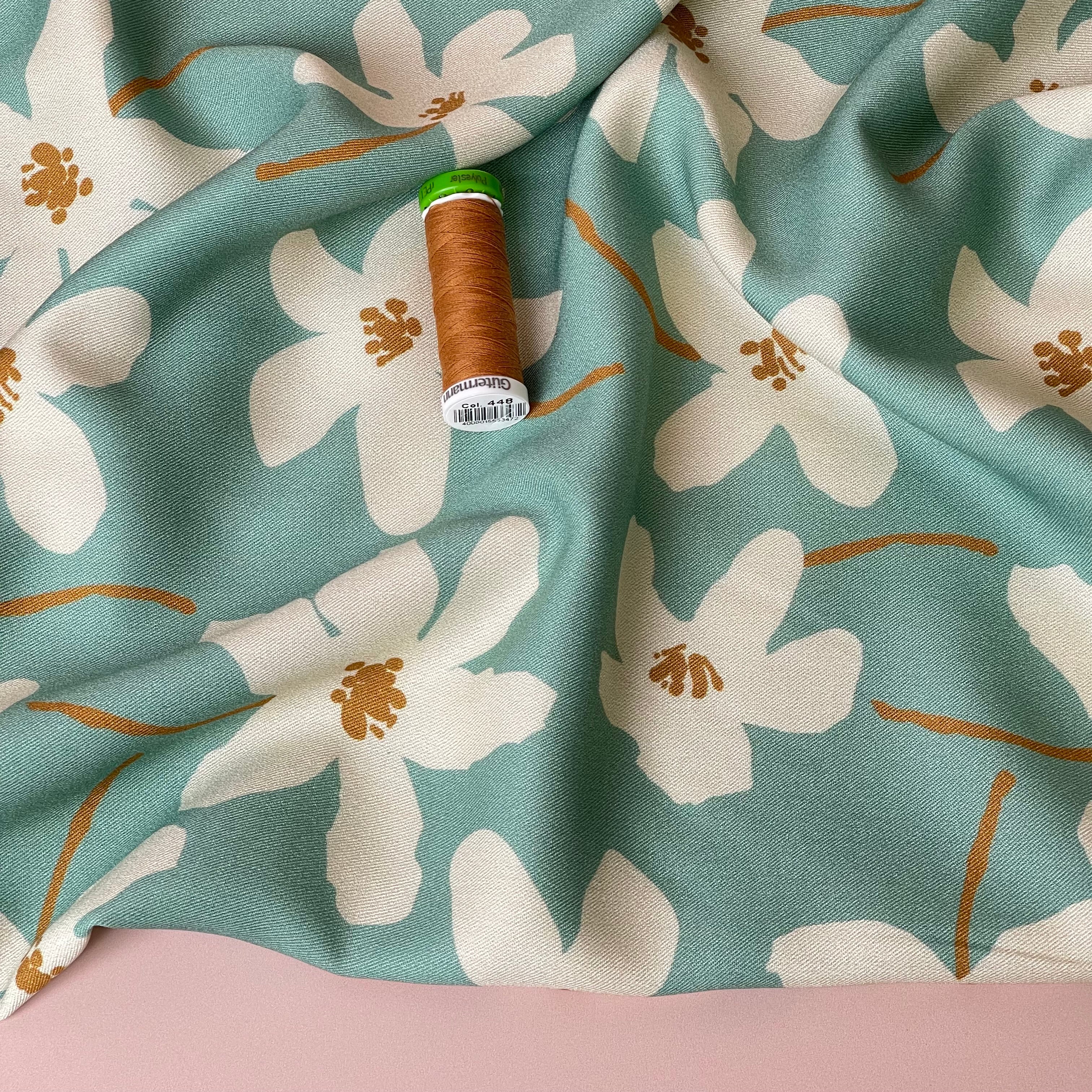 REMNANT 0.38 Metre - Light & Lush - White Flowers on Mint Viscose Twill Fabric