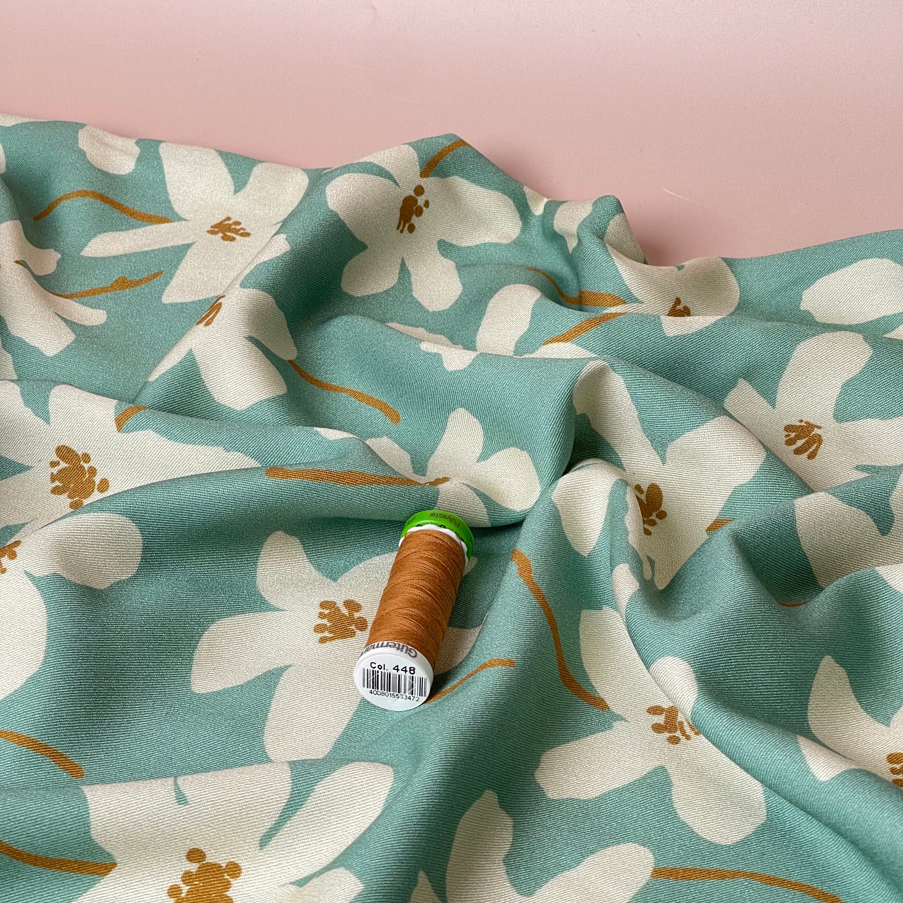 REMNANT 0.38 Metre - Light & Lush - White Flowers on Mint Viscose Twill Fabric
