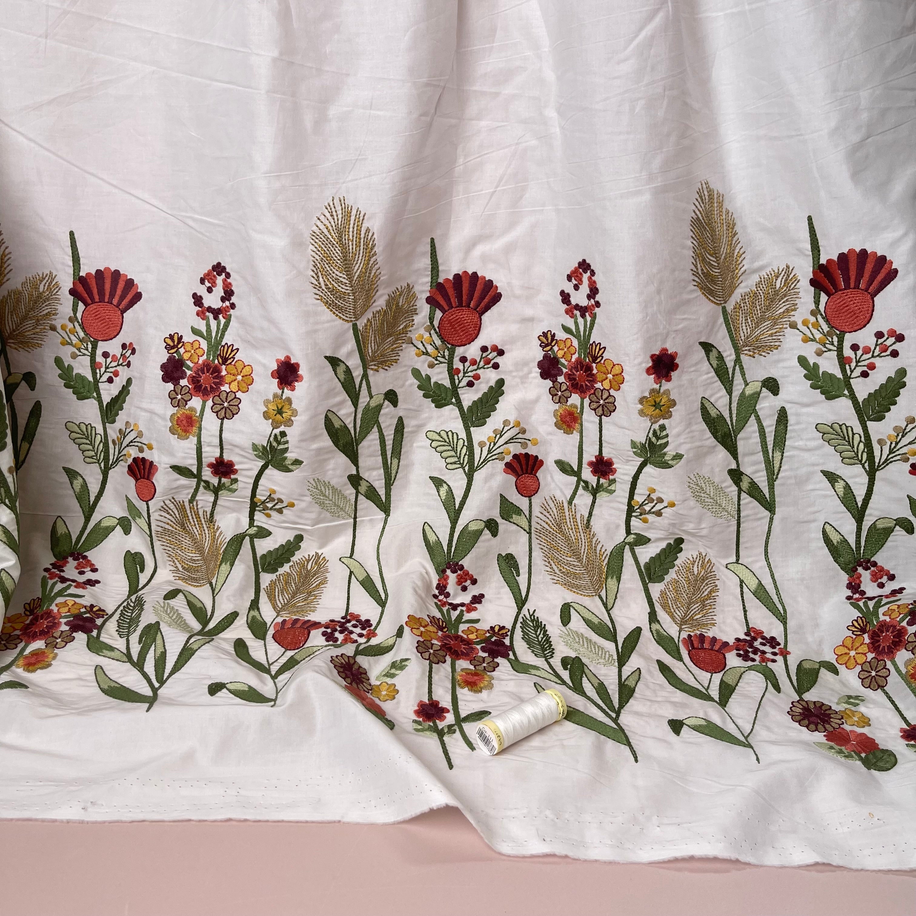 Floral Border Embroidered Cotton Fabric