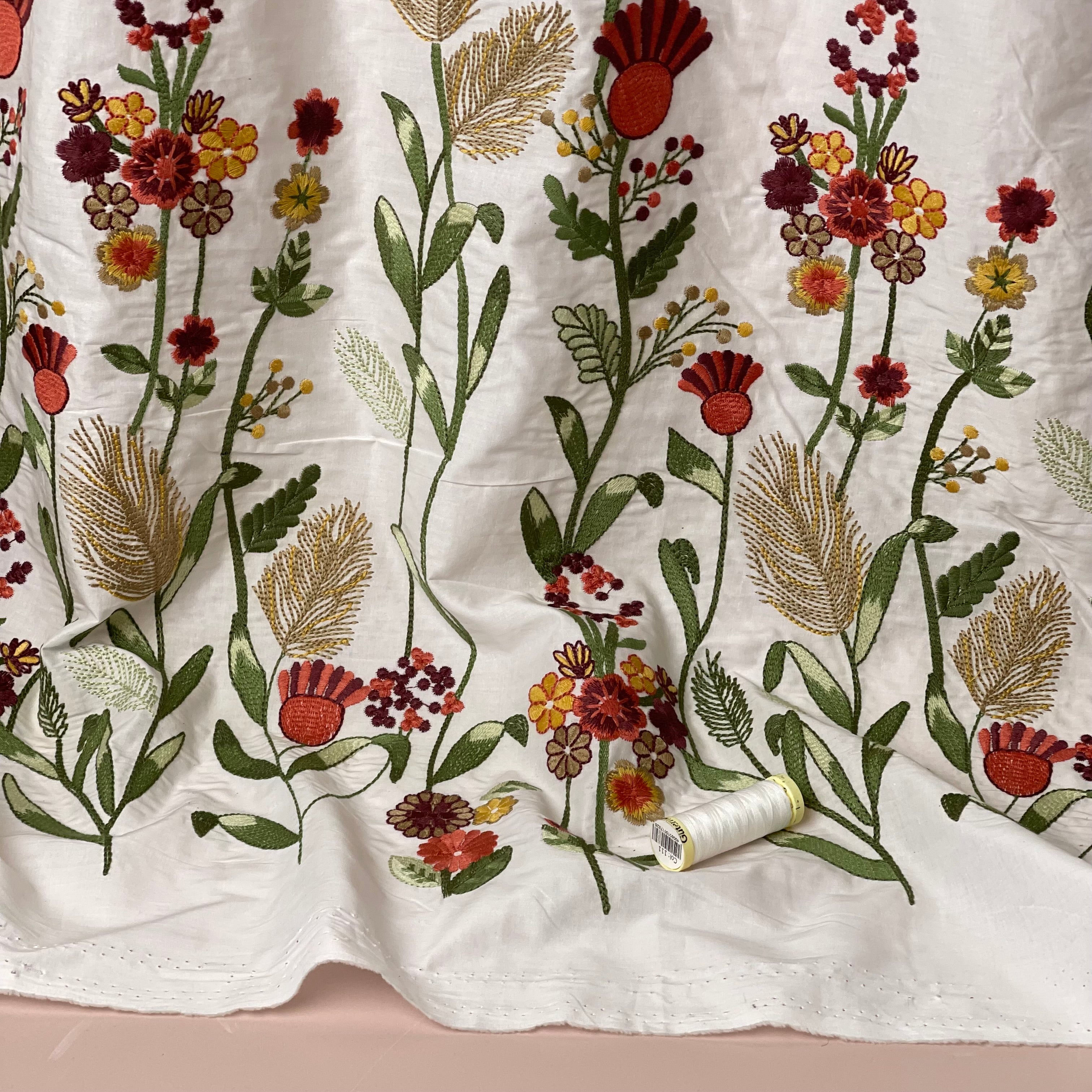 Floral Border Embroidered Cotton Fabric