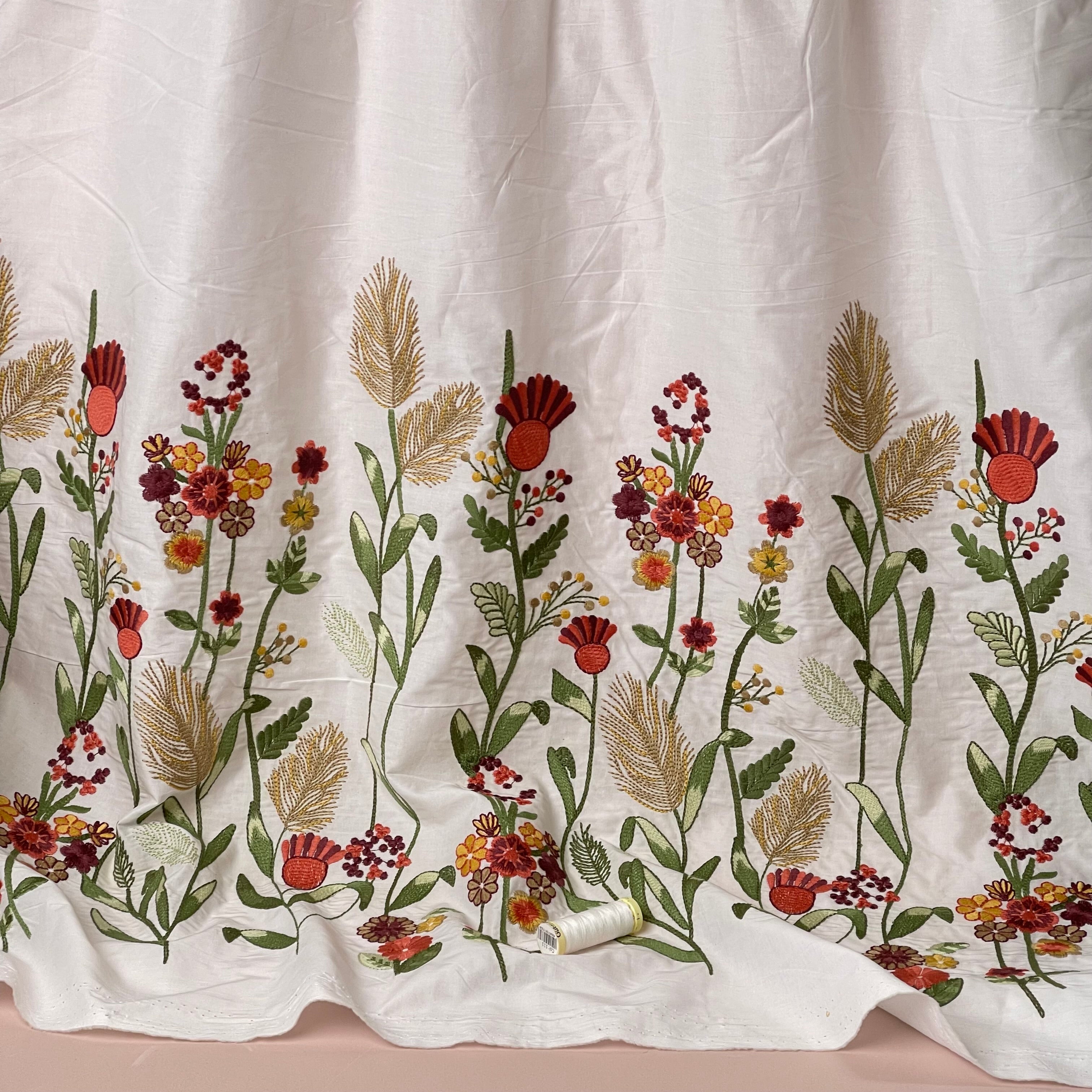 Floral Border Embroidered Cotton Fabric
