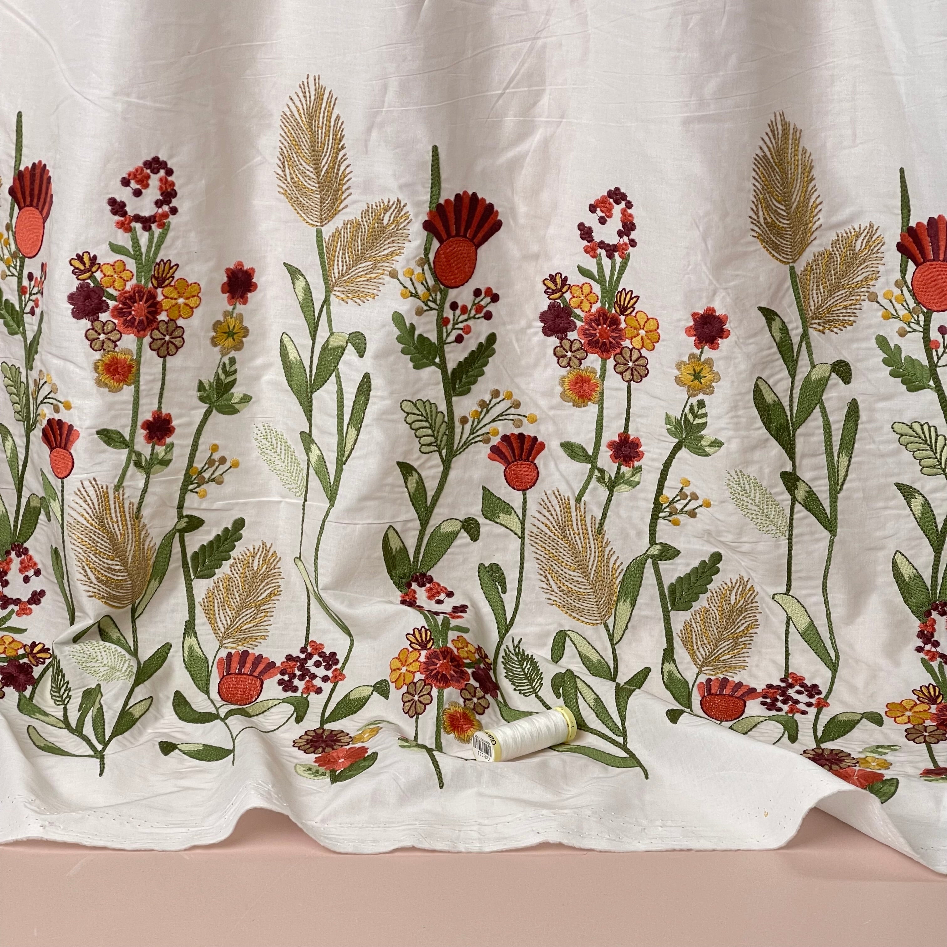 Floral Border Embroidered Cotton Fabric