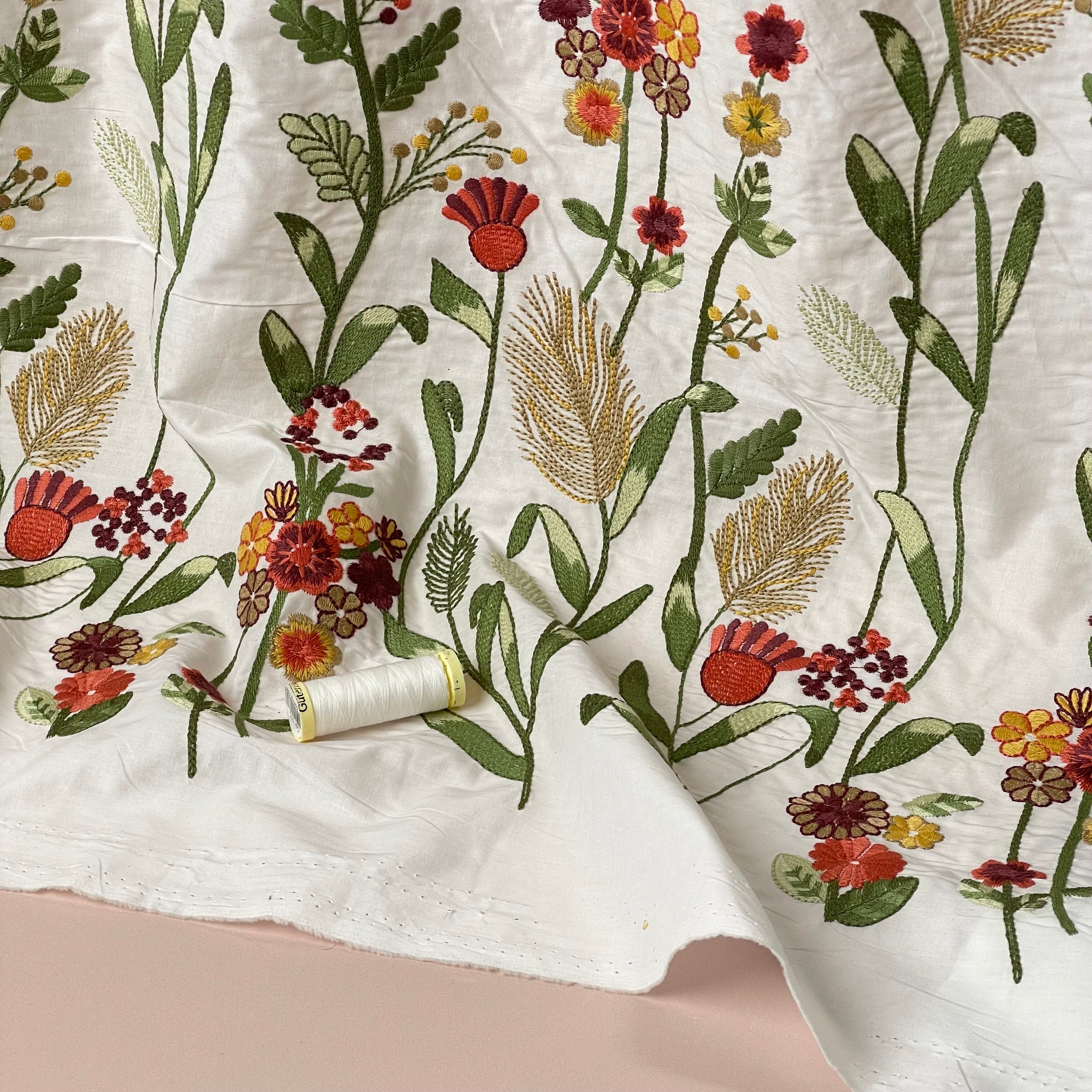 Floral Border Embroidered Cotton Fabric