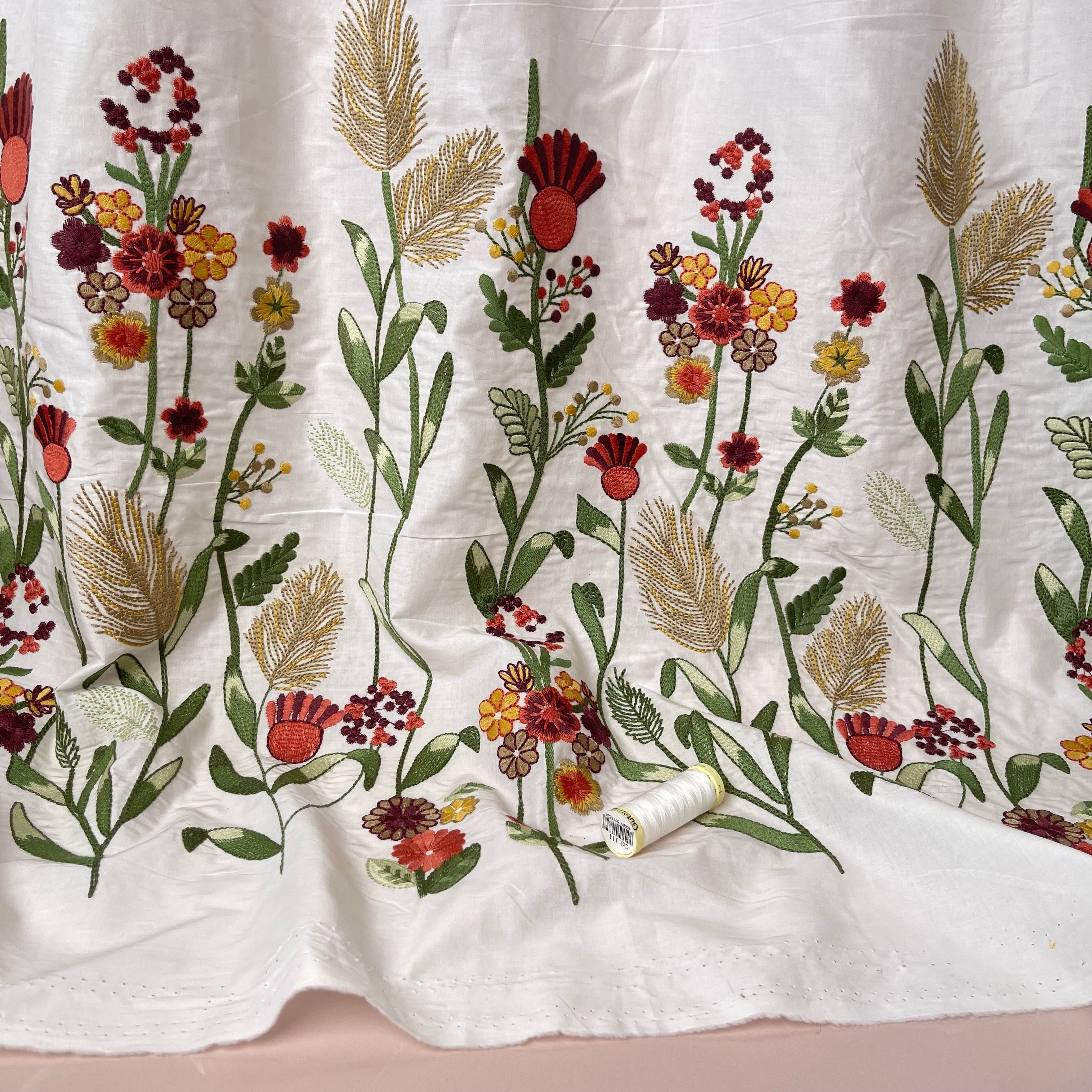 Floral Border Embroidered Cotton Fabric