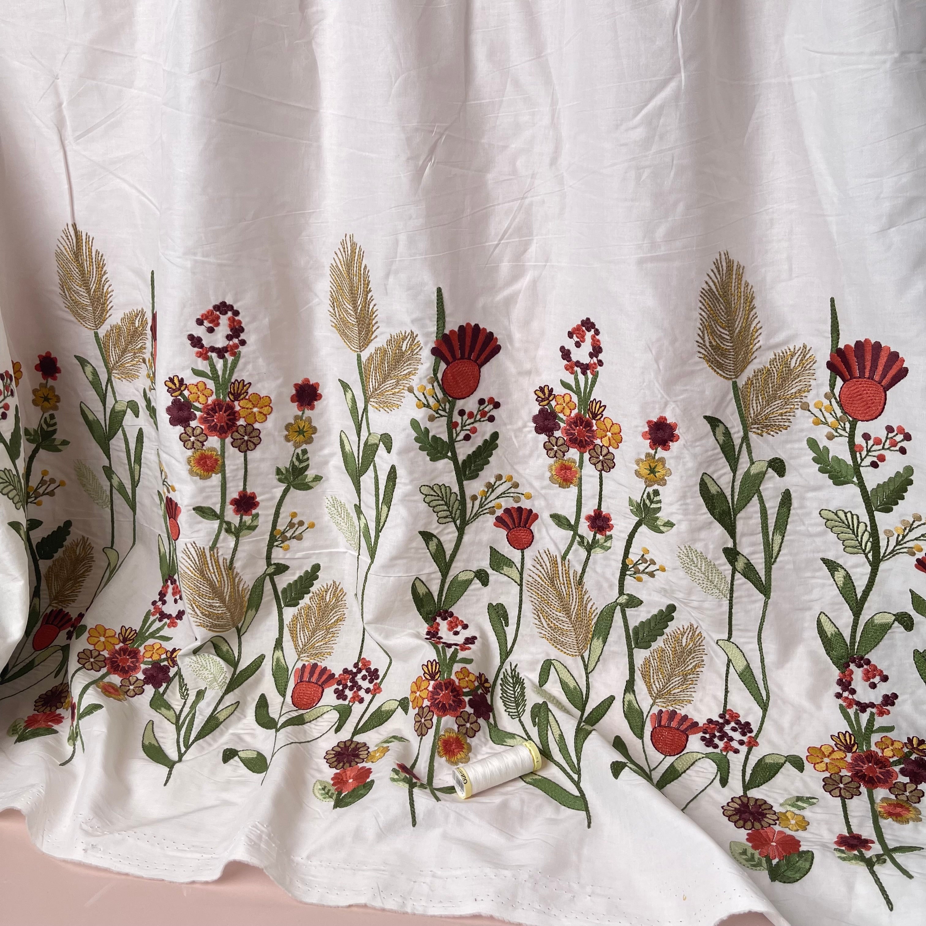 Floral Border Embroidered Cotton Fabric