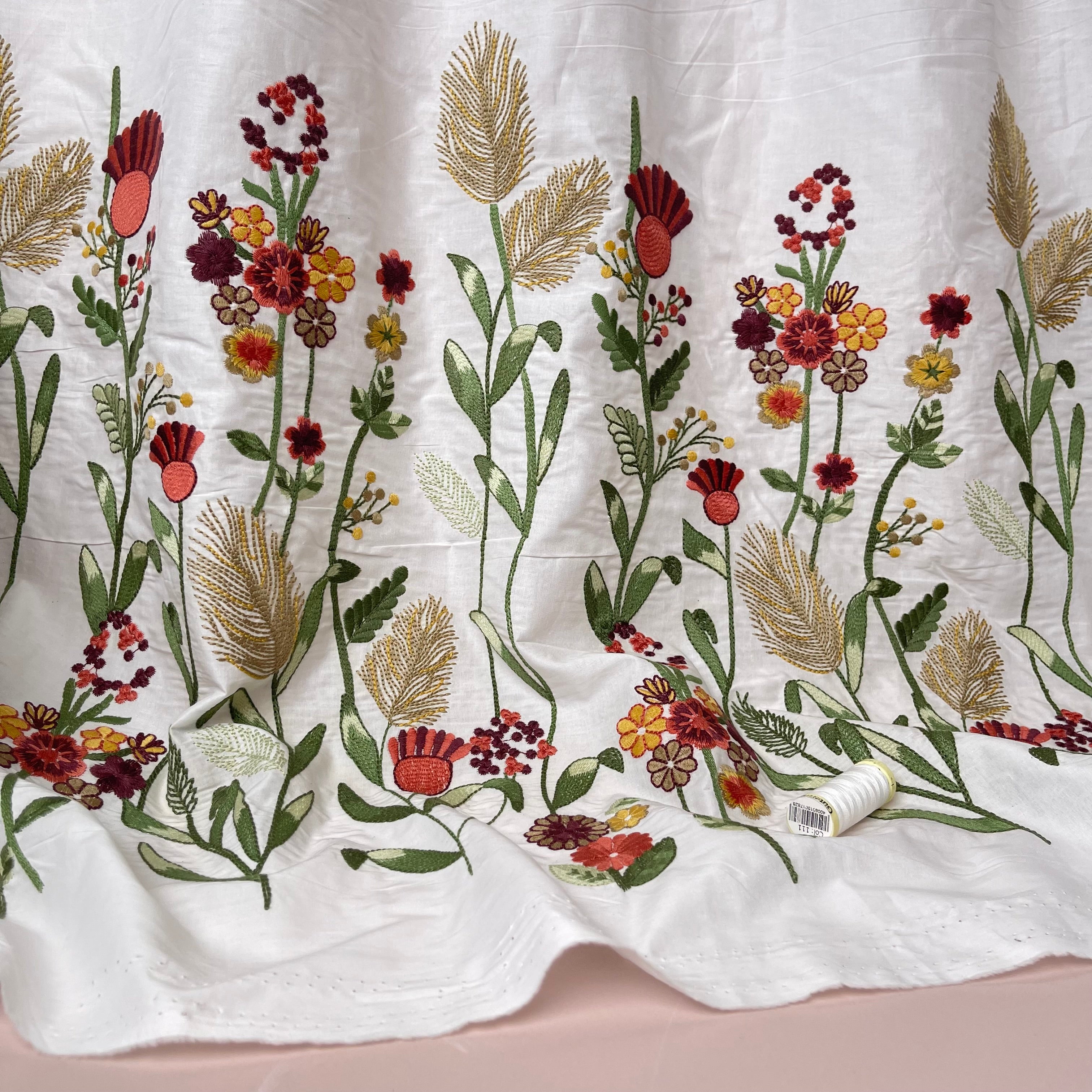 Floral Border Embroidered Cotton Fabric