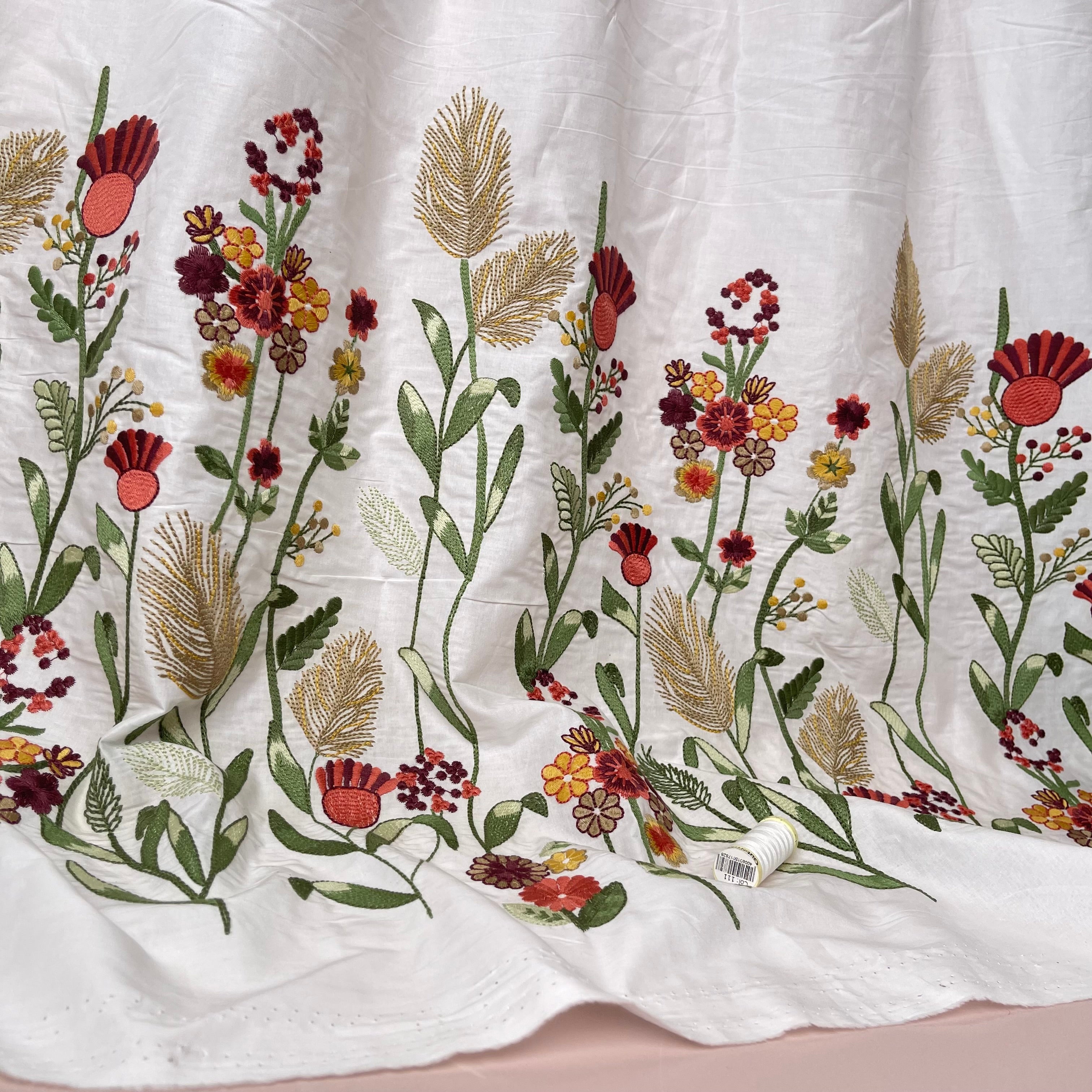Floral Border Embroidered Cotton Fabric