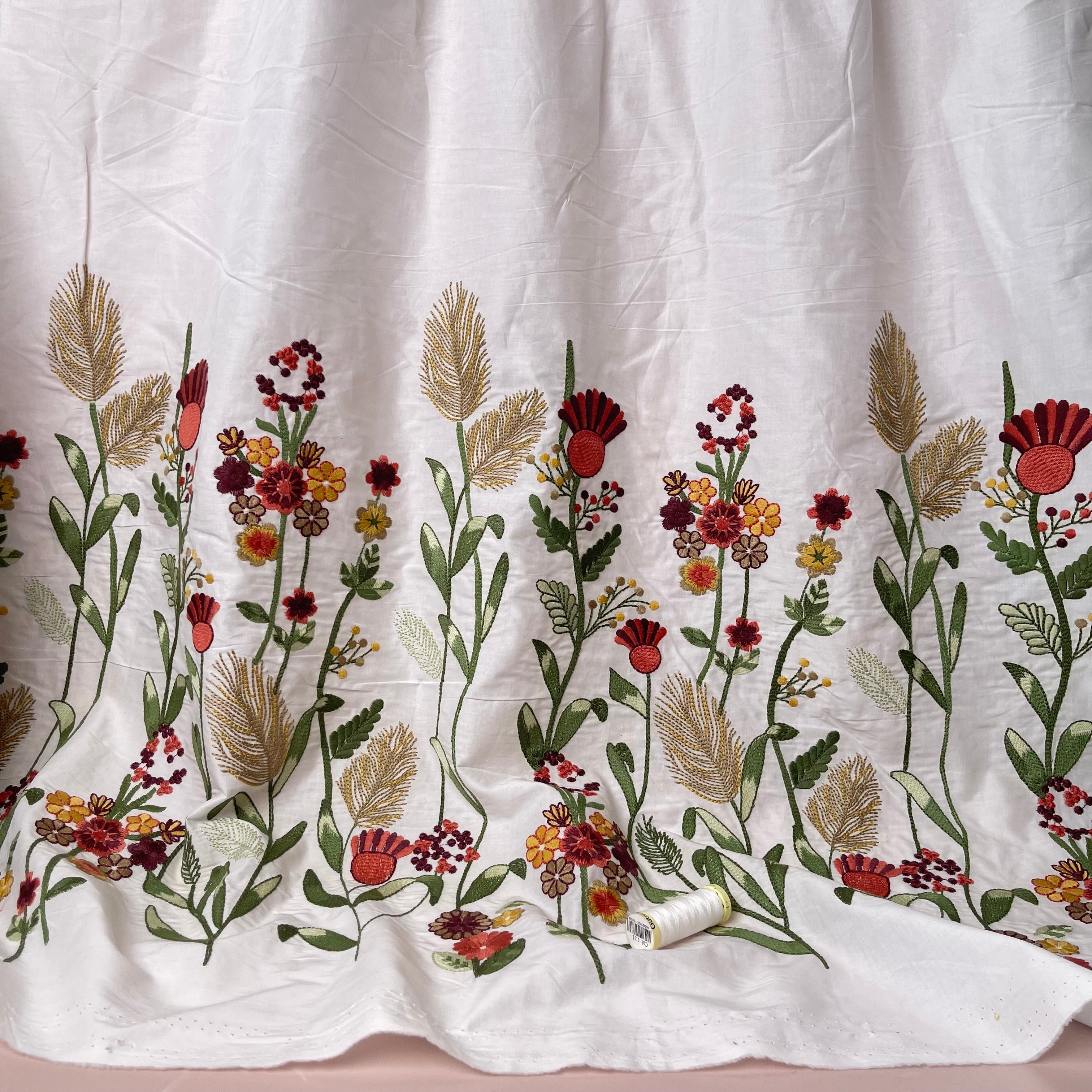 Floral Border Embroidered Cotton Fabric
