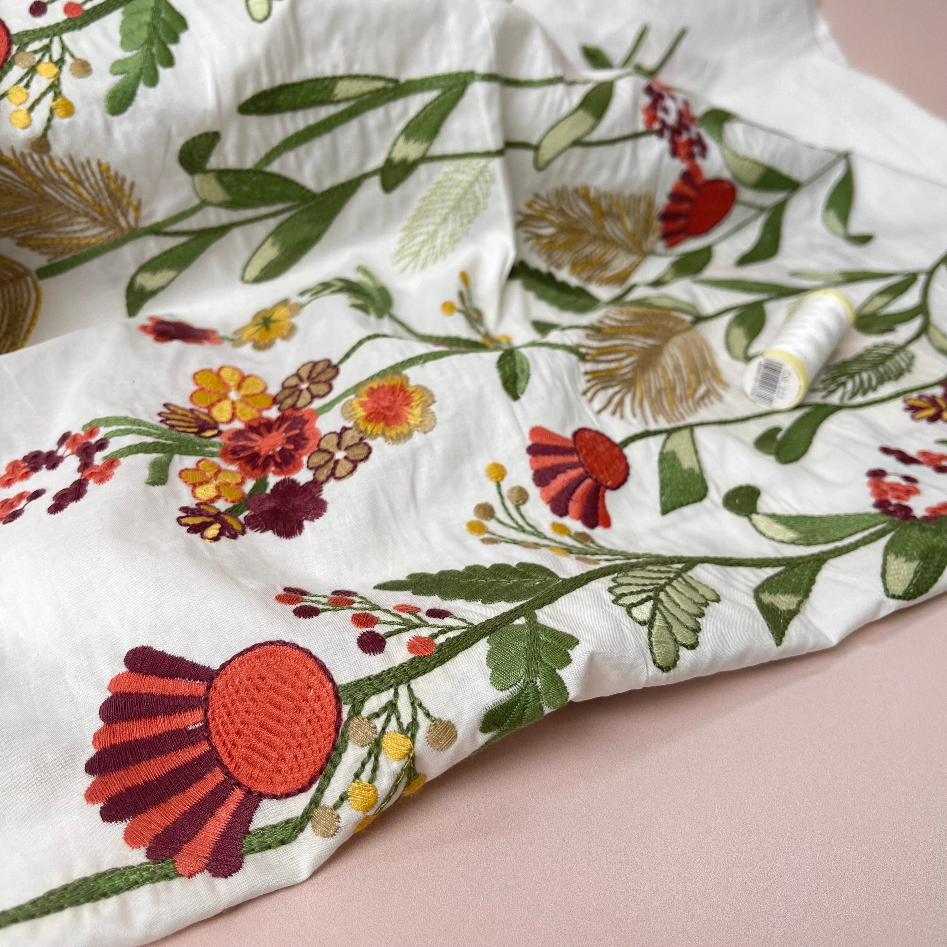 Floral Border Embroidered Cotton Fabric