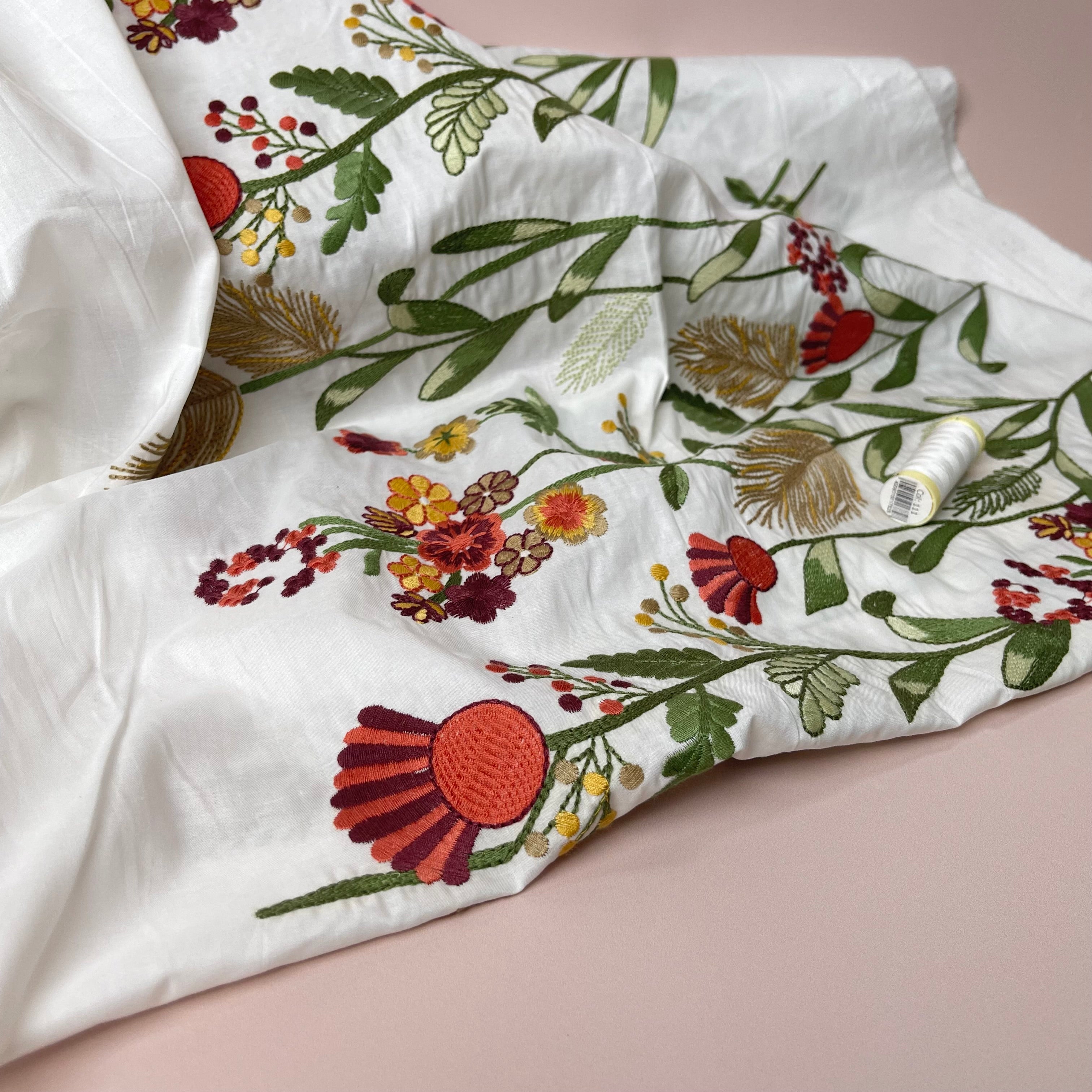 Floral Border Embroidered Cotton Fabric