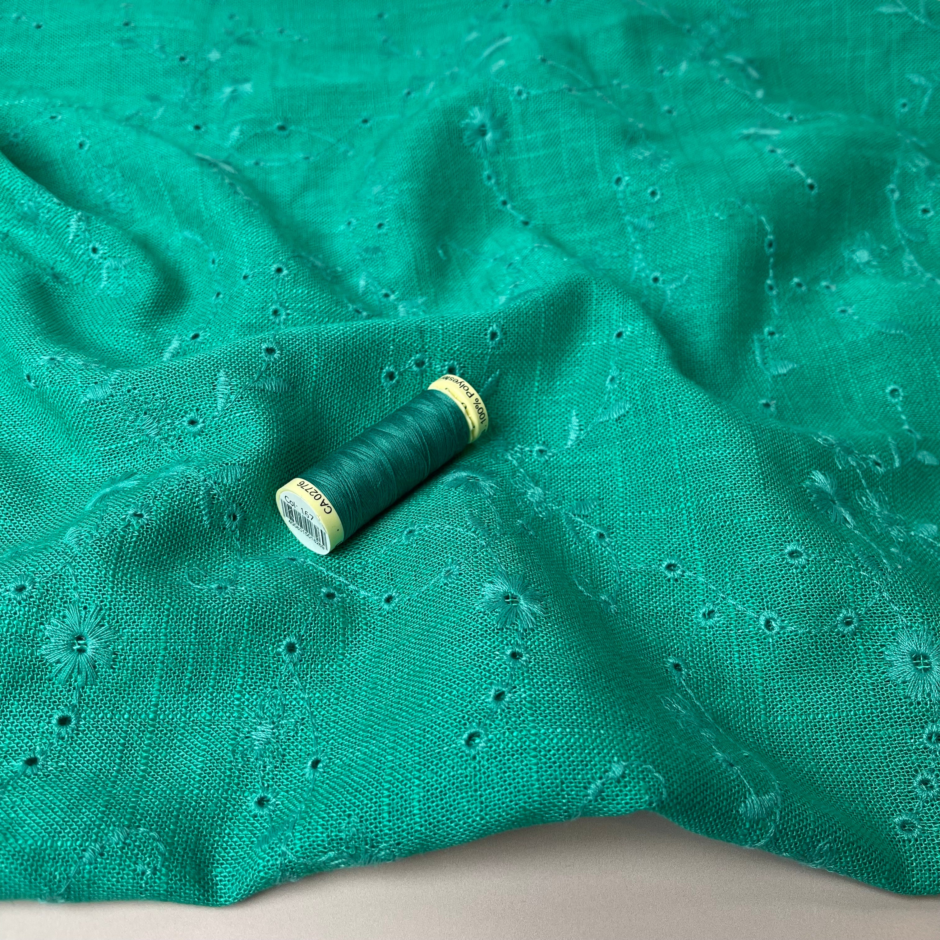 Floral Vines on Emerald Embroidered Viscose Linen Fabric