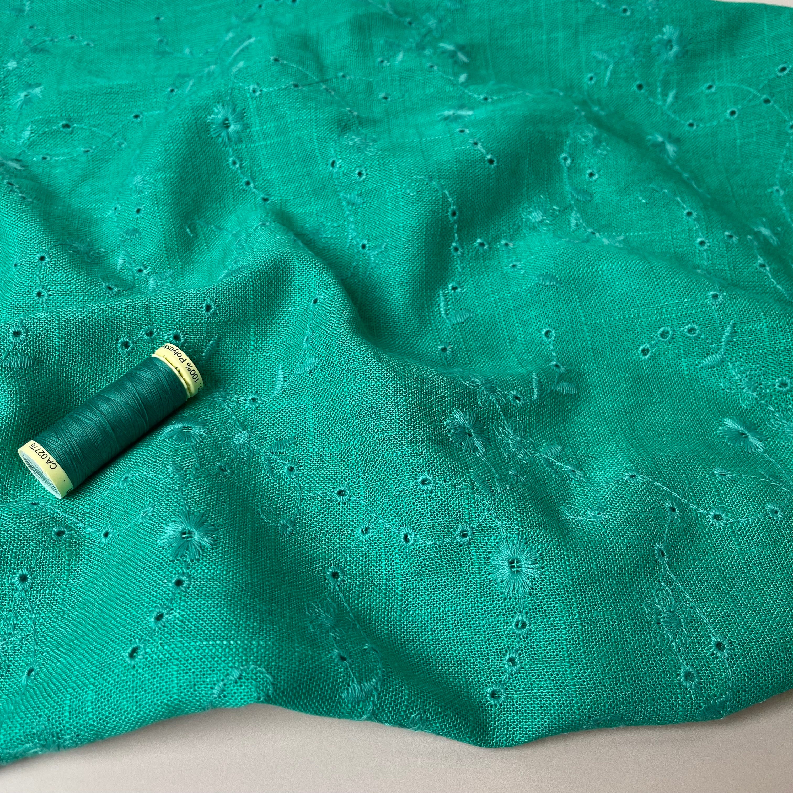 Floral Vines on Emerald Embroidered Viscose Linen Fabric