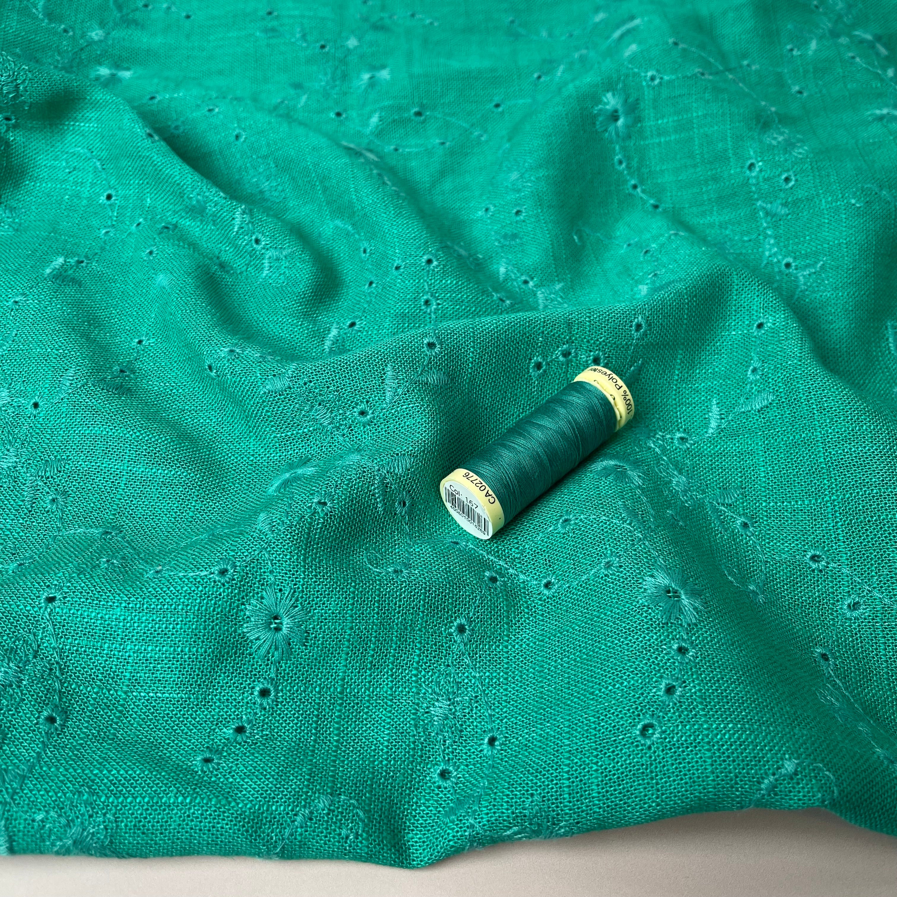Floral Vines on Emerald Embroidered Viscose Linen Fabric