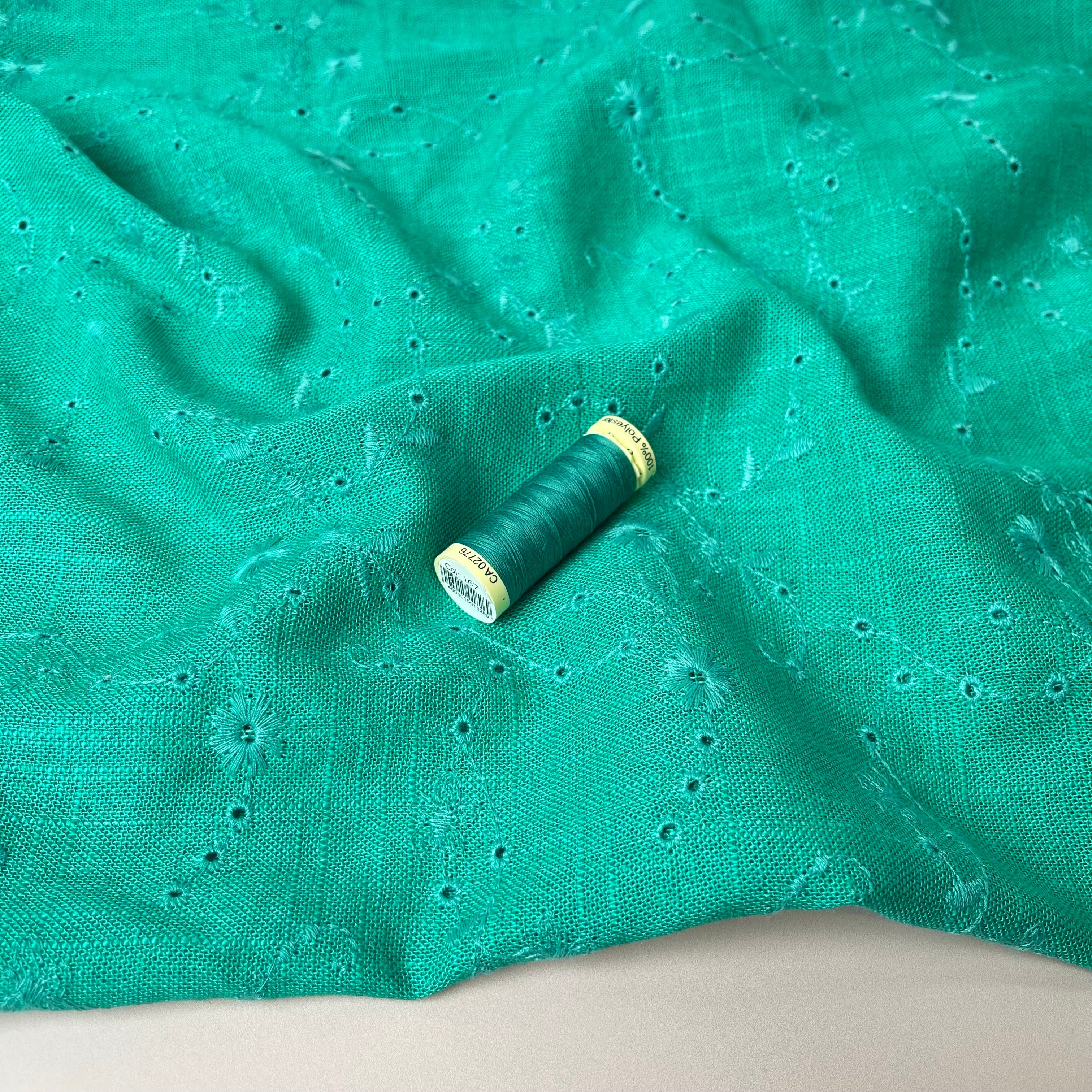 Floral Vines on Emerald Embroidered Viscose Linen Fabric