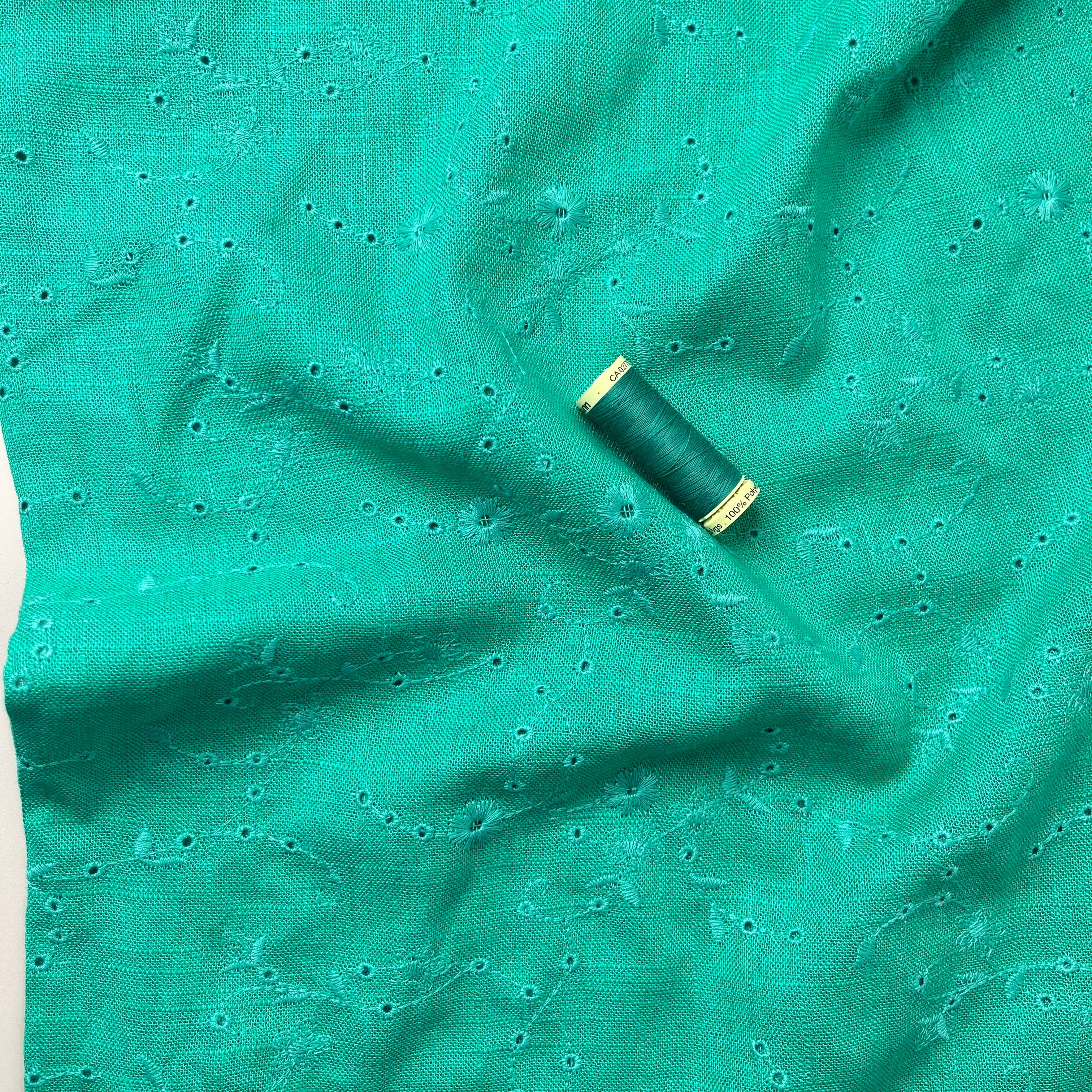 Floral Vines on Emerald Embroidered Viscose Linen Fabric
