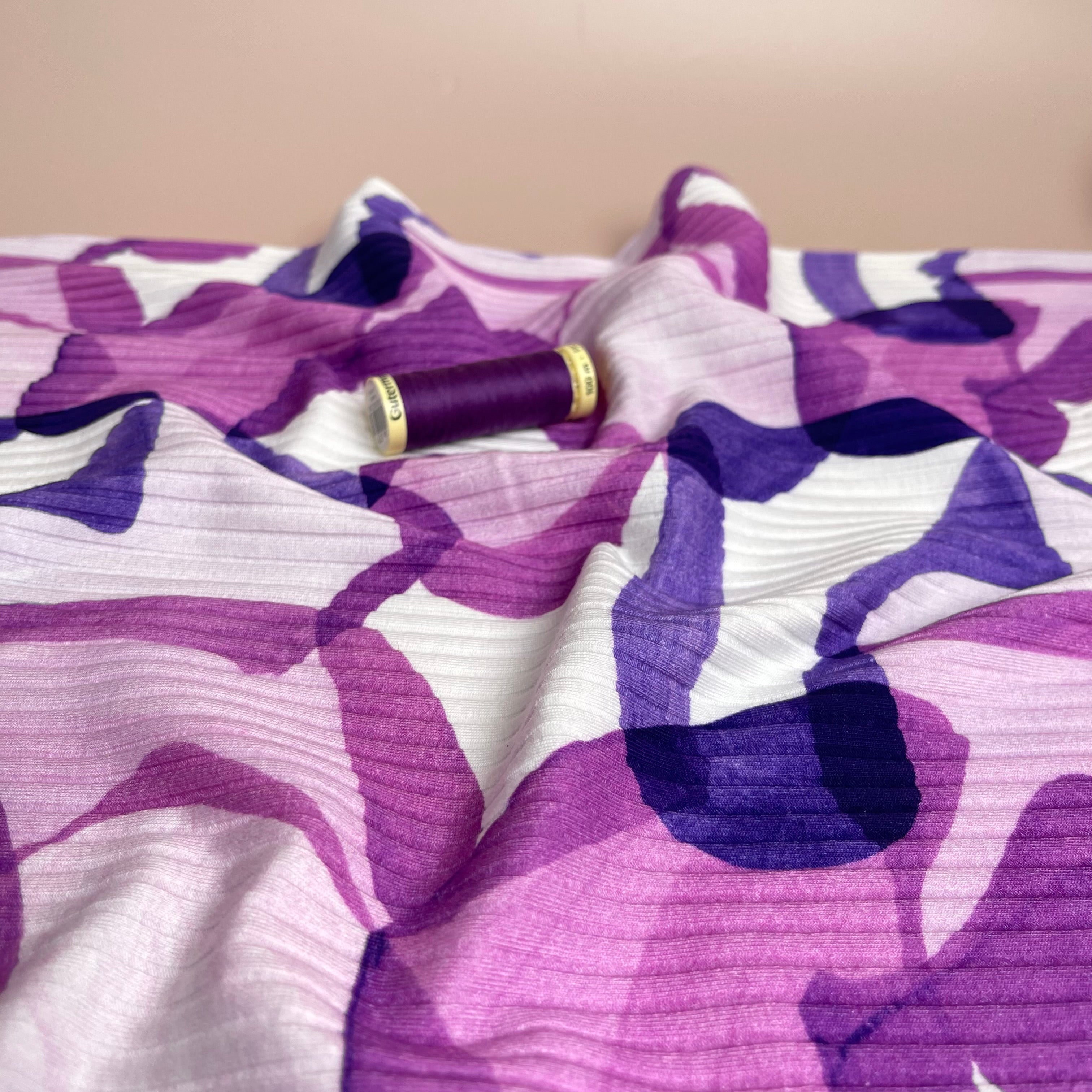 REMNANT 0.44 Metre - Abstract Shapes Purple Cotton Ribbed Jersey