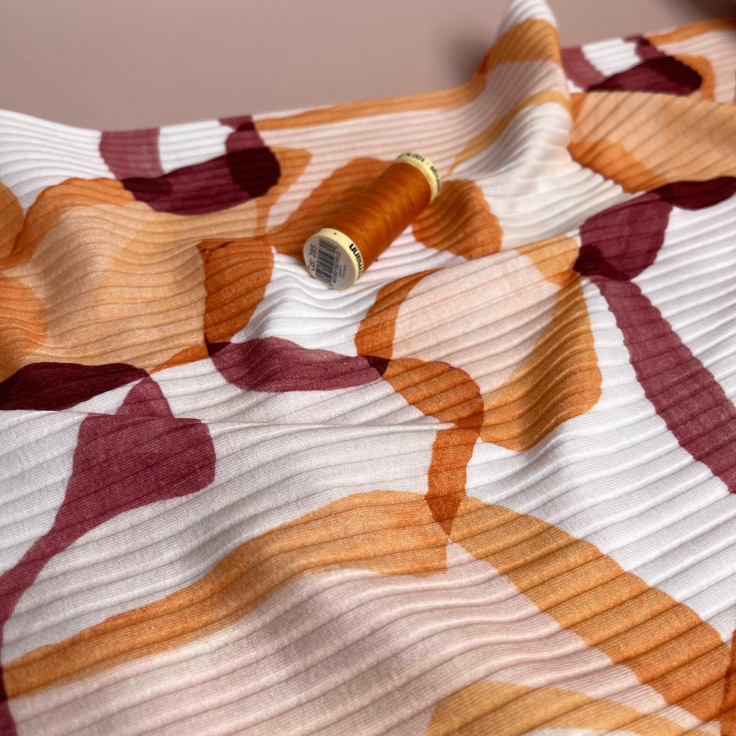 REMNANT 0.55 Metre - Abstract Shapes Rust Cotton Ribbed Jersey
