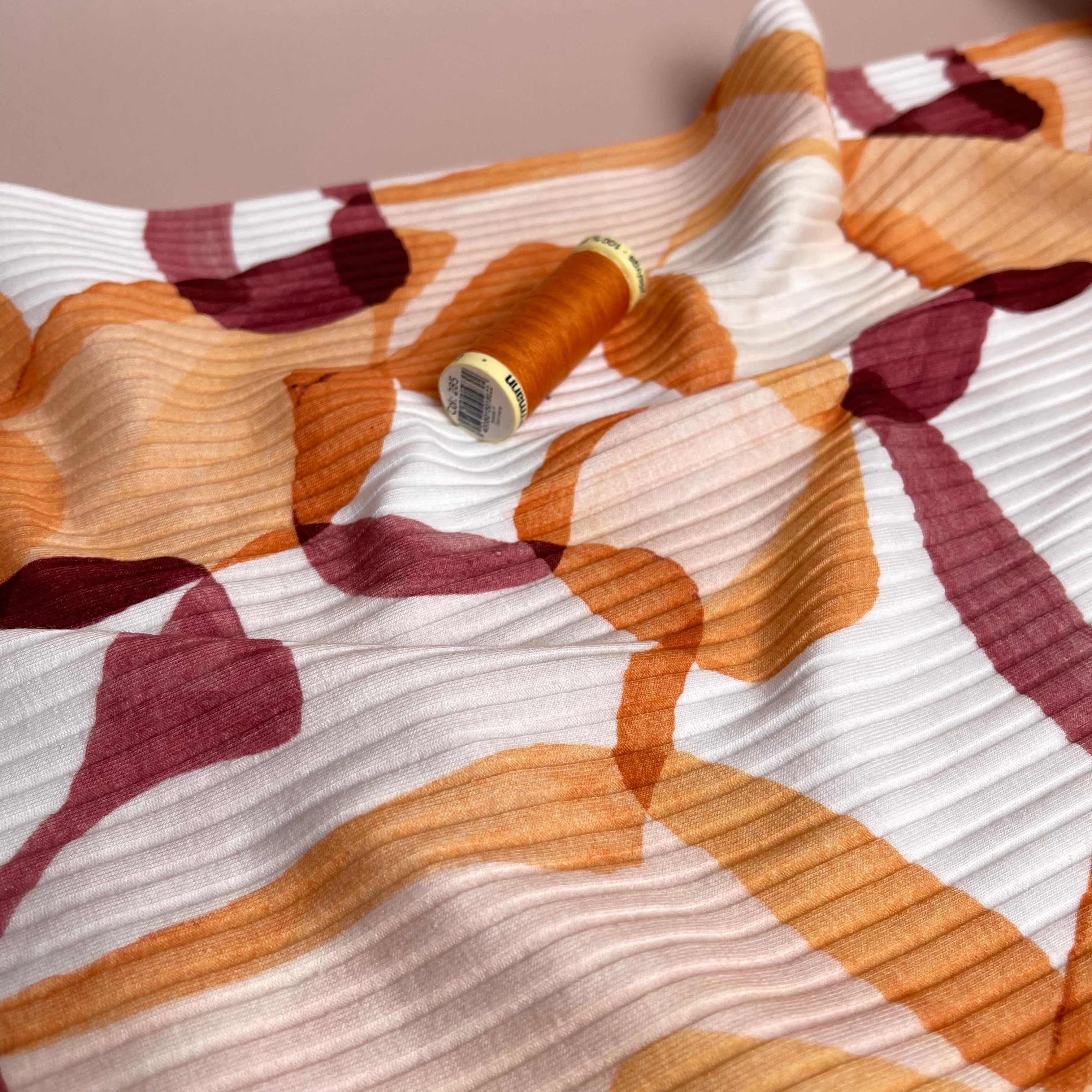 REMNANT 0.55 Metre - Abstract Shapes Rust Cotton Ribbed Jersey