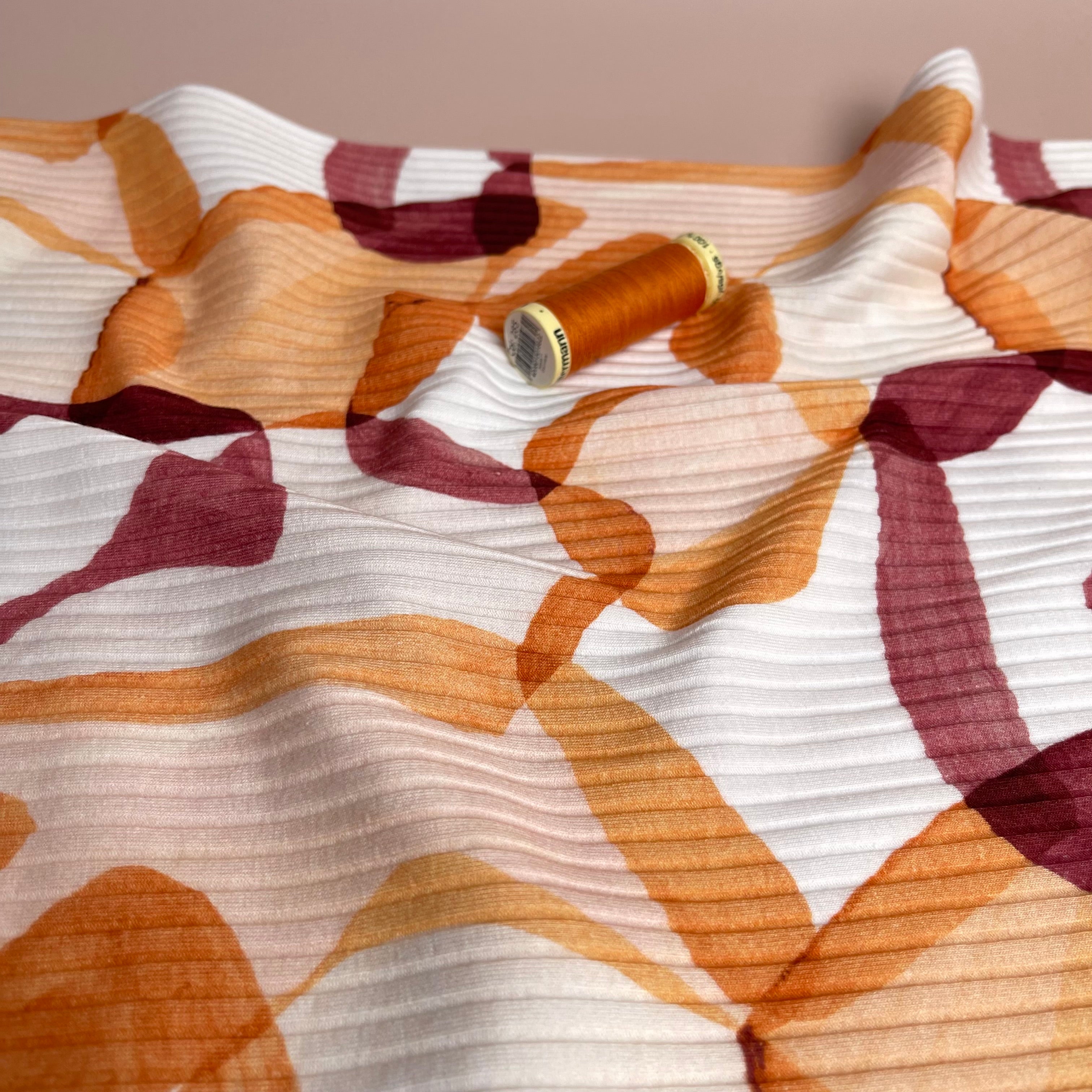 REMNANT 0.55 Metre - Abstract Shapes Rust Cotton Ribbed Jersey