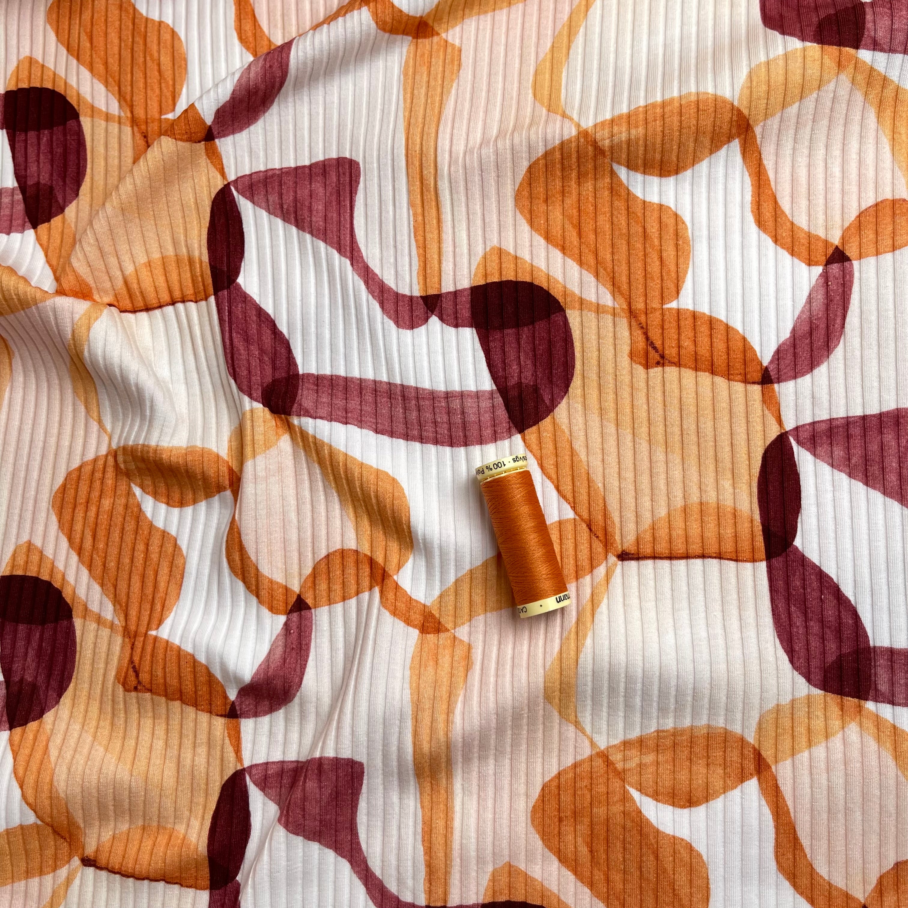 REMNANT 0.55 Metre - Abstract Shapes Rust Cotton Ribbed Jersey