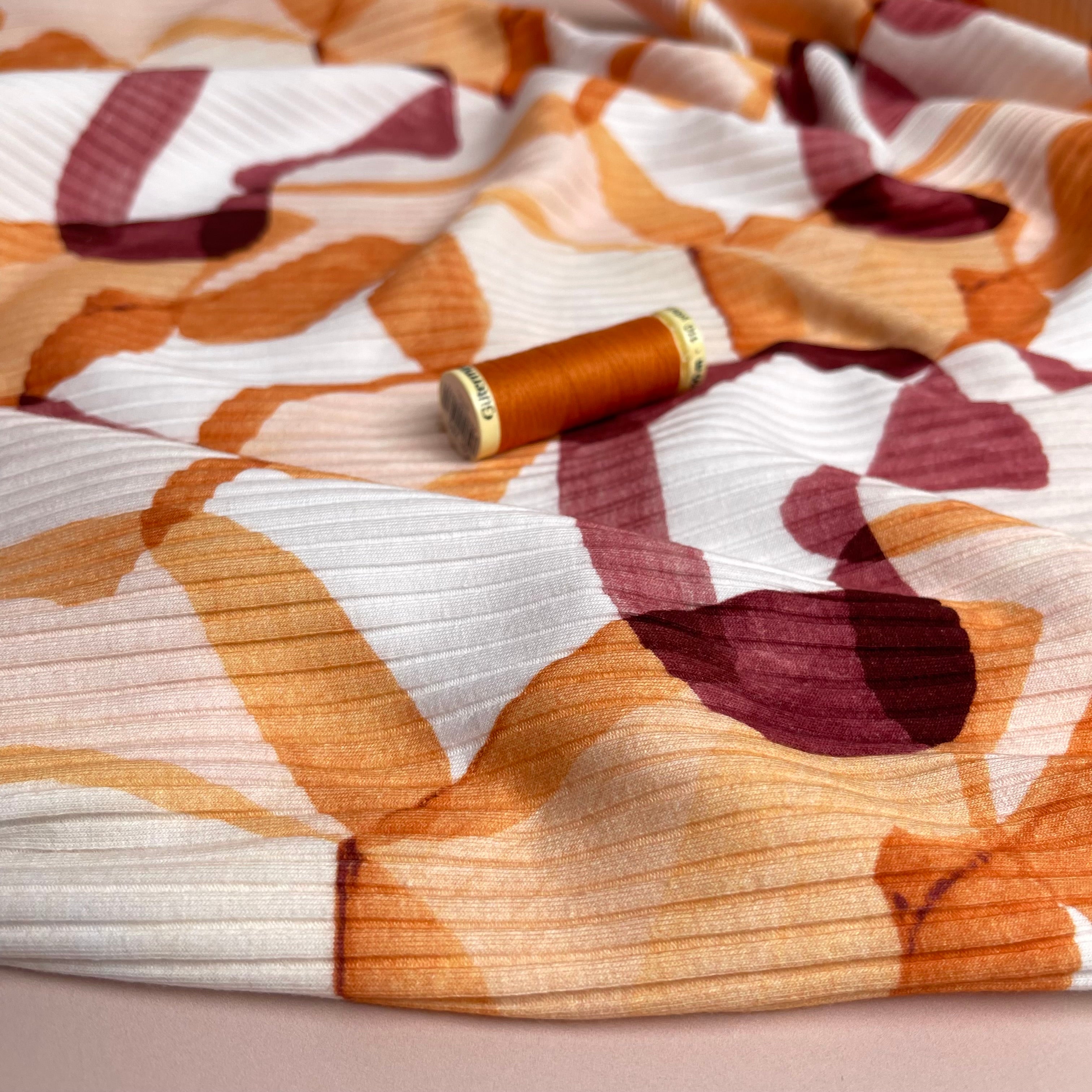 REMNANT 0.55 Metre - Abstract Shapes Rust Cotton Ribbed Jersey
