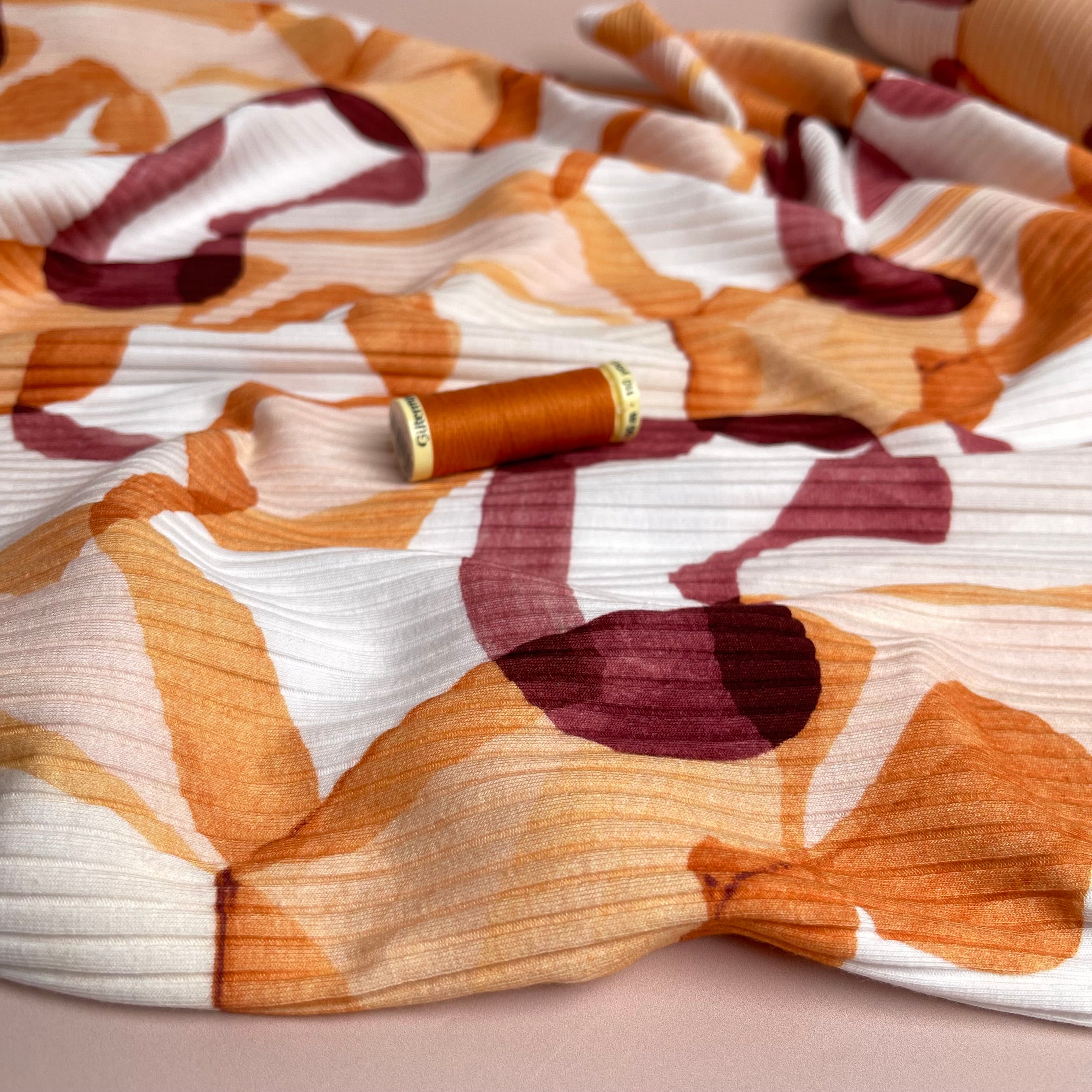 REMNANT 0.55 Metre - Abstract Shapes Rust Cotton Ribbed Jersey