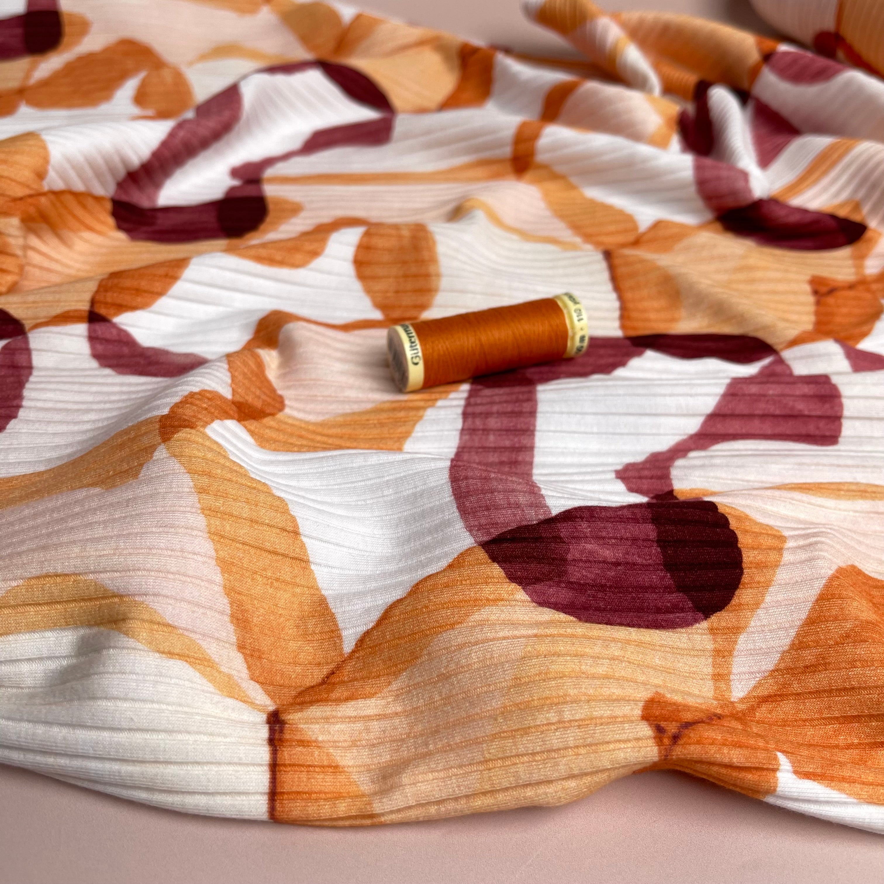 REMNANT 0.55 Metre - Abstract Shapes Rust Cotton Ribbed Jersey