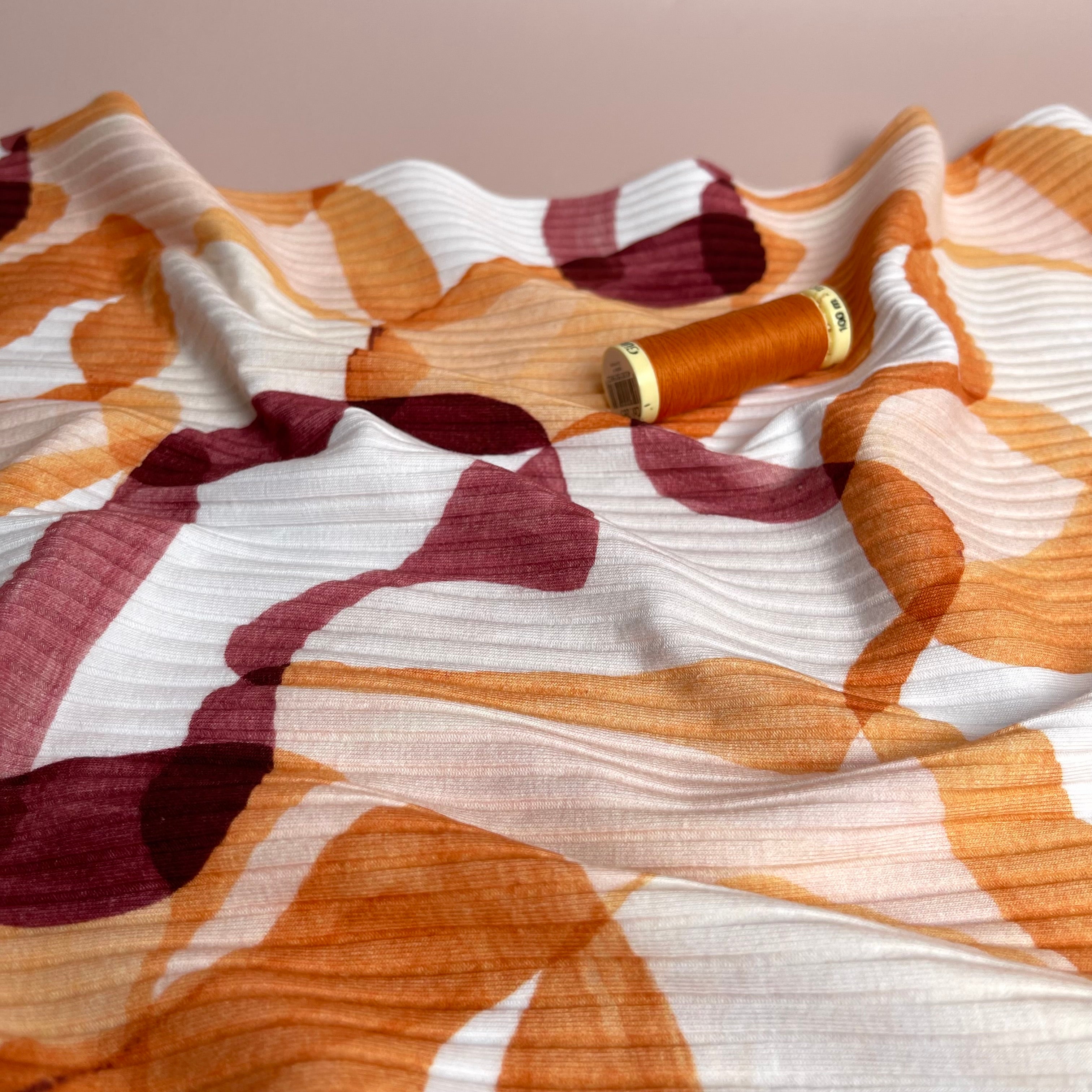 REMNANT 0.55 Metre - Abstract Shapes Rust Cotton Ribbed Jersey