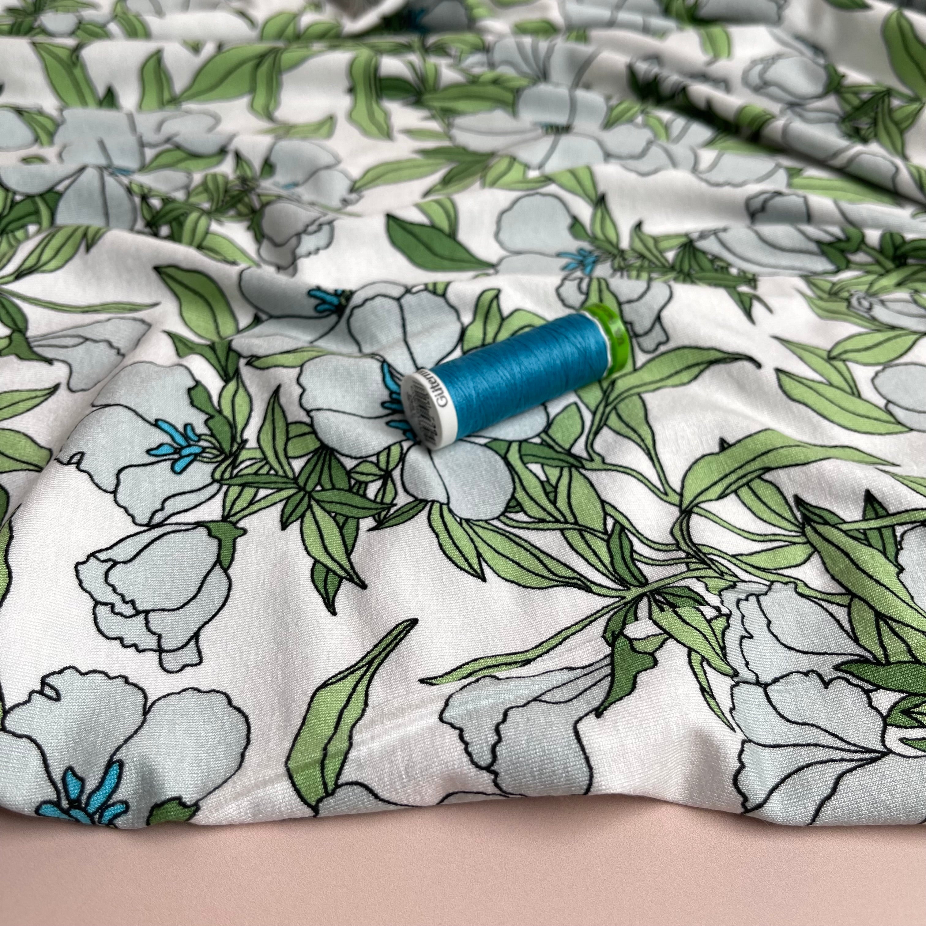 Lilies Aqua Viscose Jersey Fabric