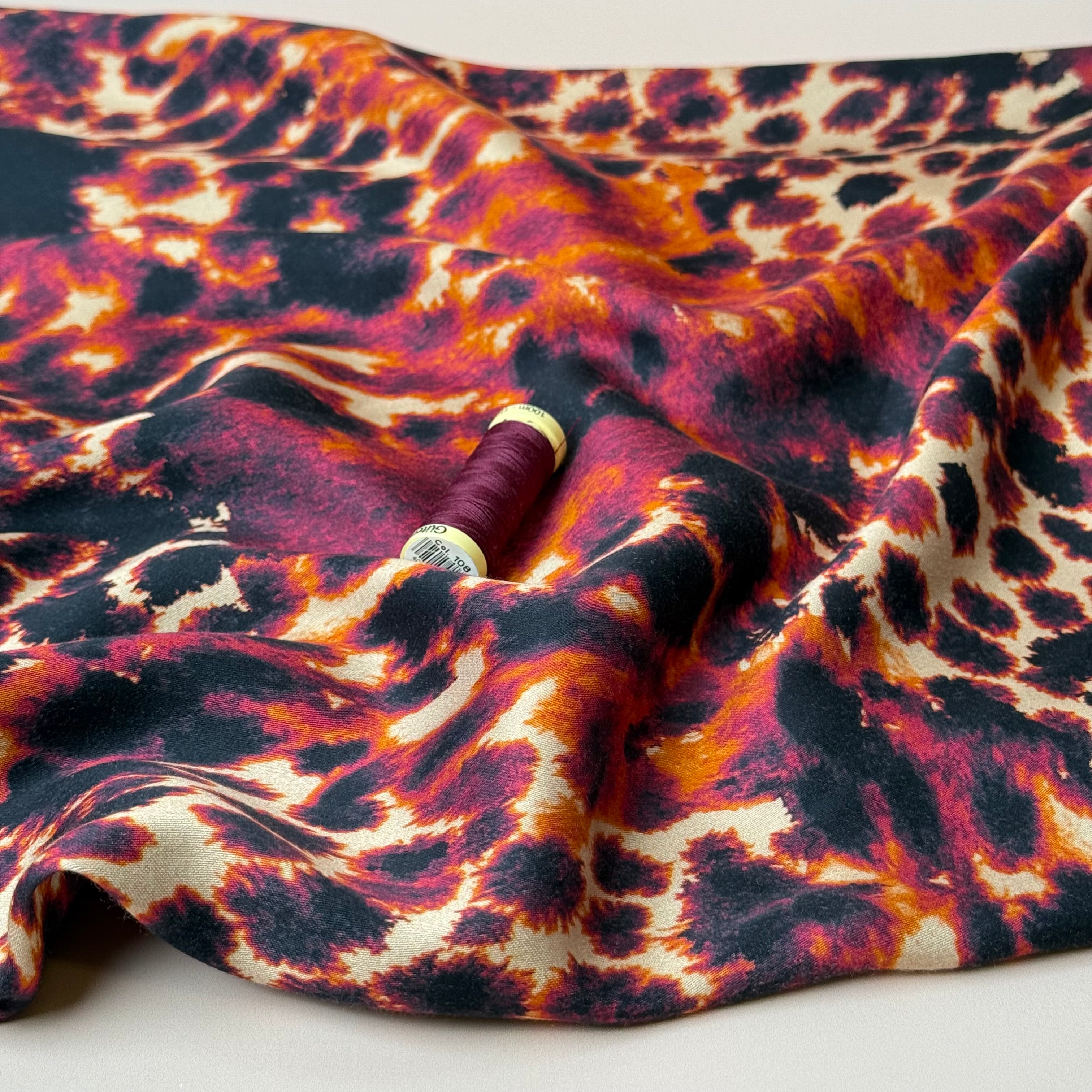 REMNANT 2.08 Metres - Bordeaux Animal Print Viscose Sateen Fabric