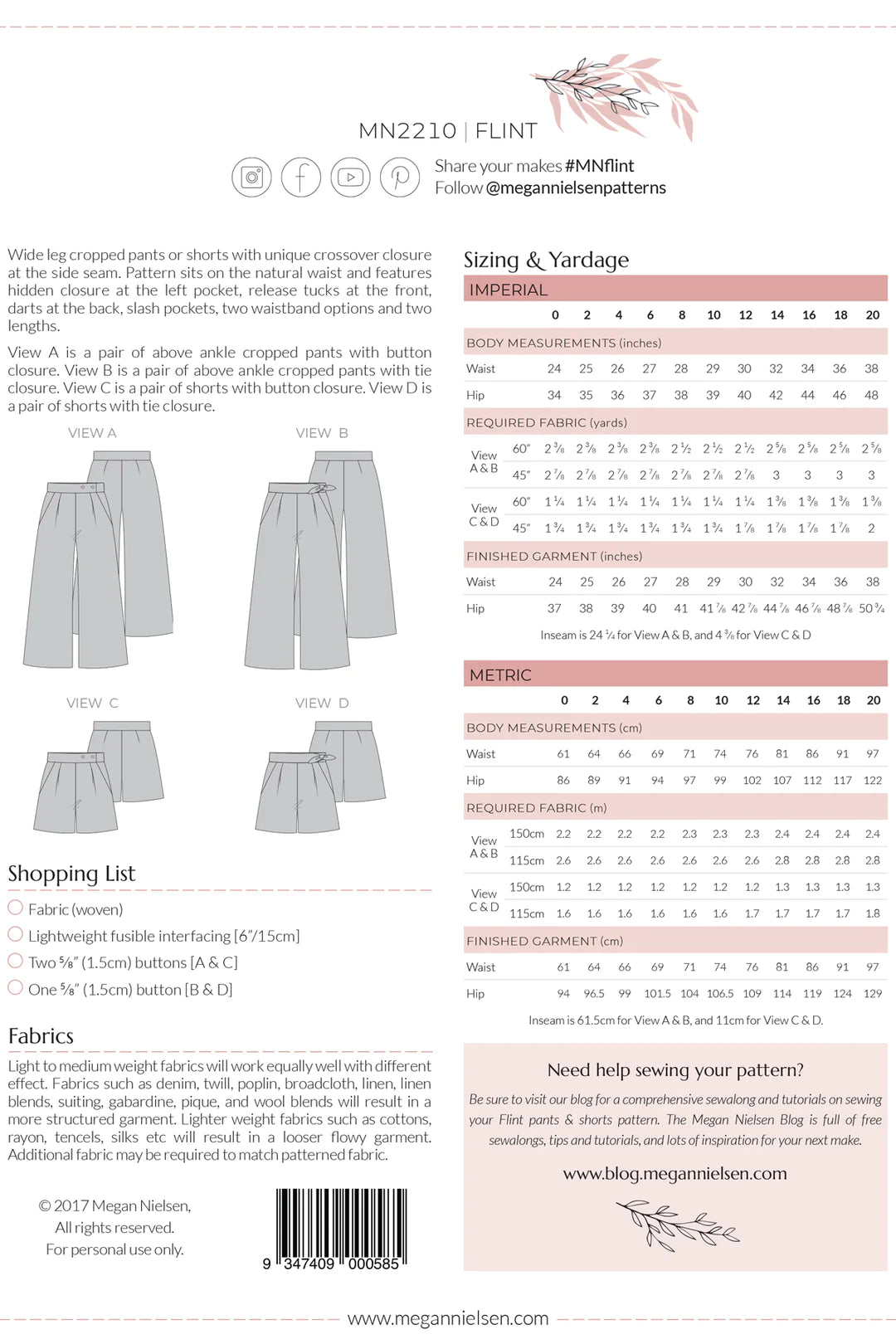 Megan Nielsen - Flint Pants and Shorts Sewing Pattern