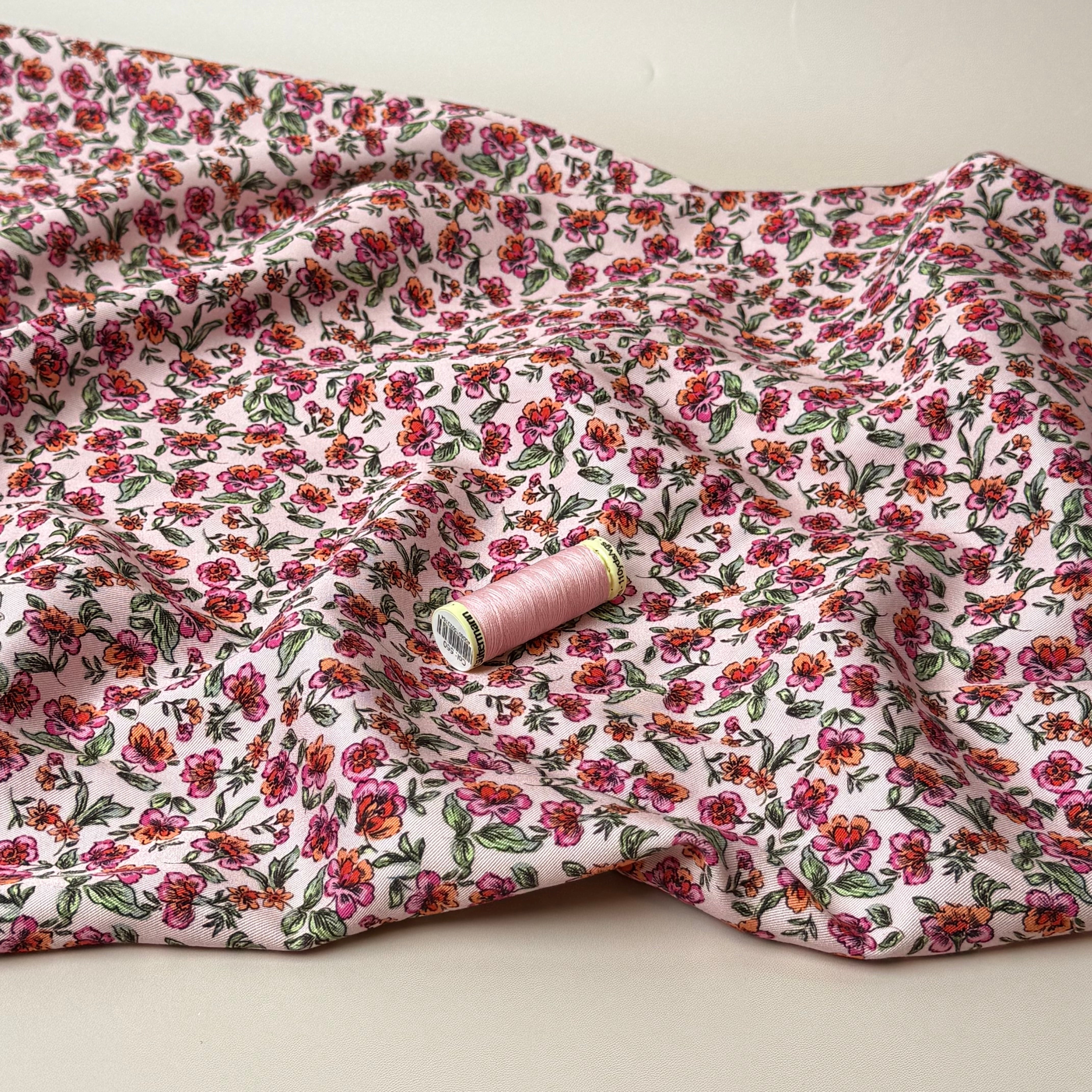 Floral Pink Carnations Viscose Satin Twill Fabric