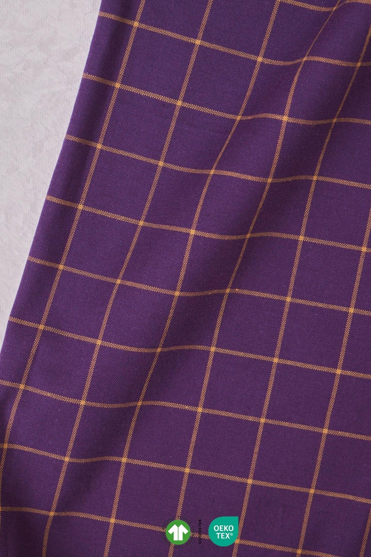 REMNANT 0.62 Metre - Organic Cotton Oxford Checks - Plum/Dry Mustard