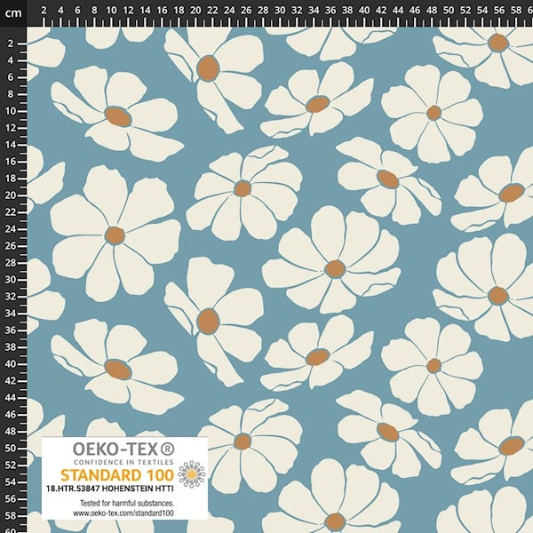 REMNANT 2.34 Metres - Light & Lush - Bold White Blooms on Blue Viscose Twill Fabric