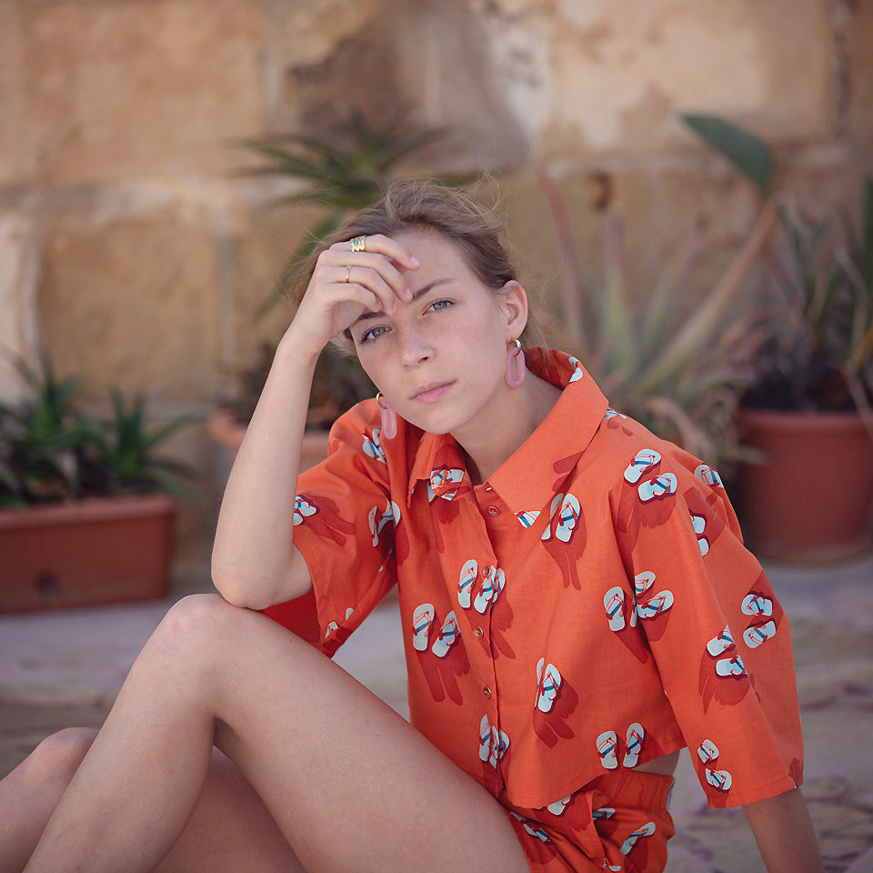 See You At Six - Flip Flops in Puffin's Bill Red Soft Cotton Poplin