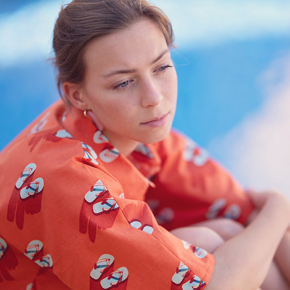 See You At Six - Flip Flops in Puffin's Bill Red Soft Cotton Poplin