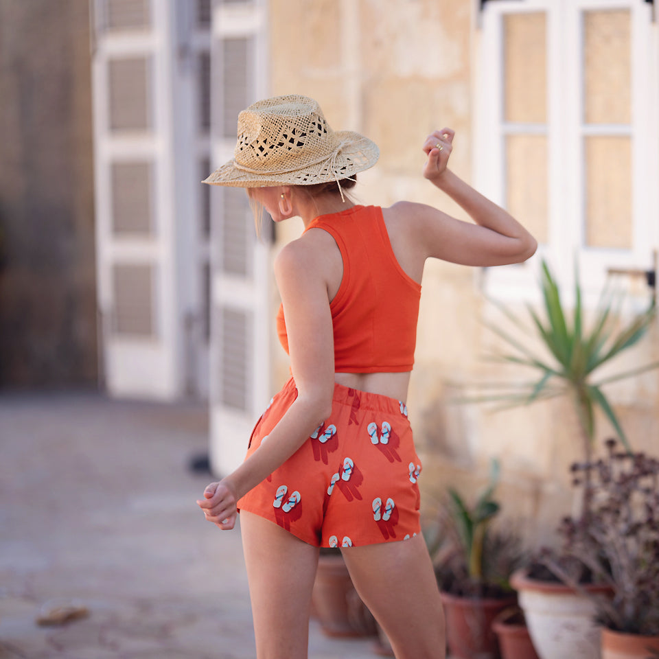 See You At Six - Flip Flops in Puffin's Bill Red Soft Cotton Poplin