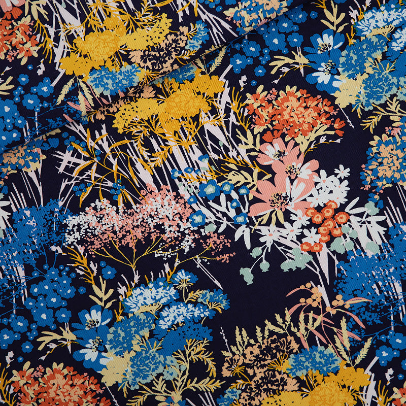 See You At Six - Wild Flowers in Evening Blue Cotton Canvas Gabardine Twill