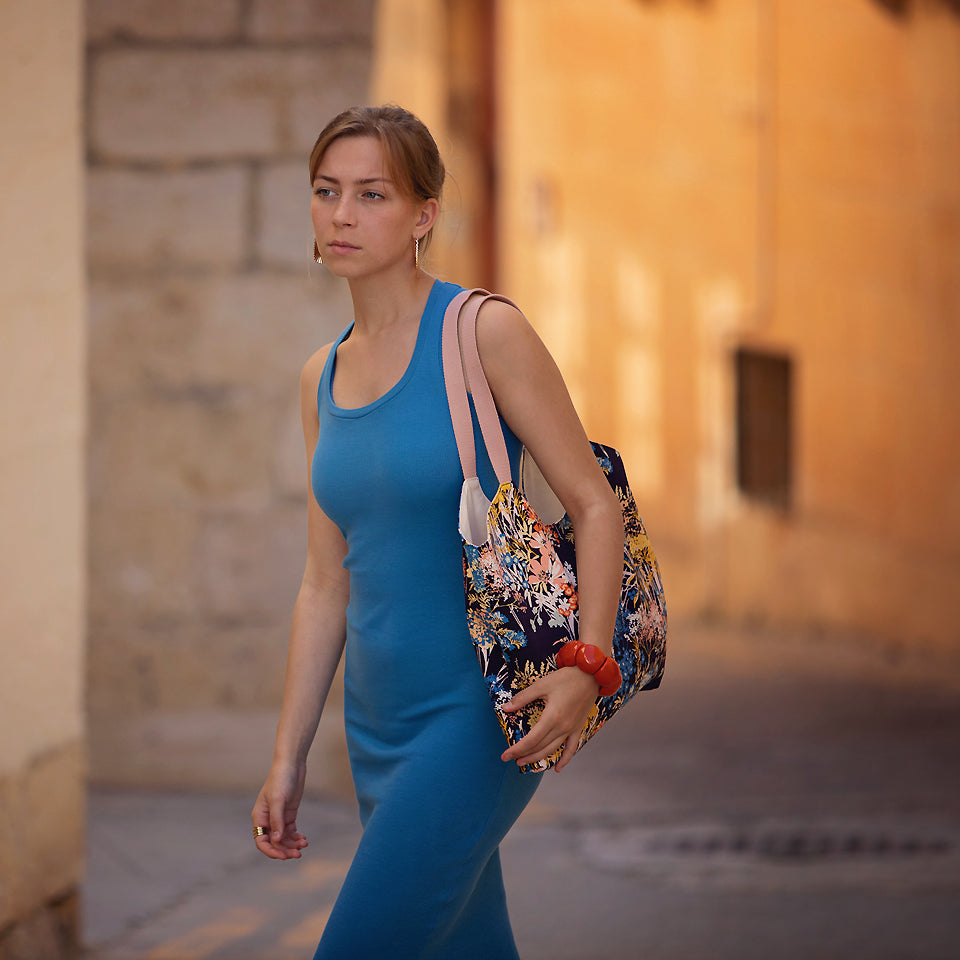See You At Six - Wild Flowers in Evening Blue Cotton Canvas Gabardine Twill