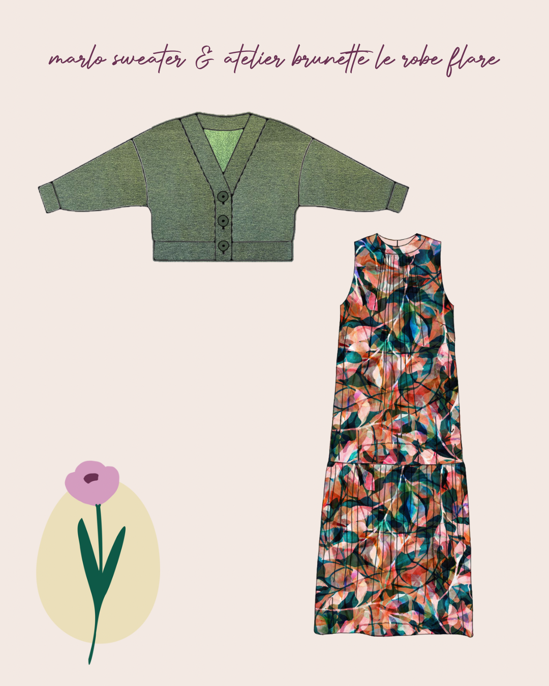 Make an Outfit Colour Bundle - Painted Foliage Sunset Viscose, Linen Crepe and Sweatshirting with Ribbing
