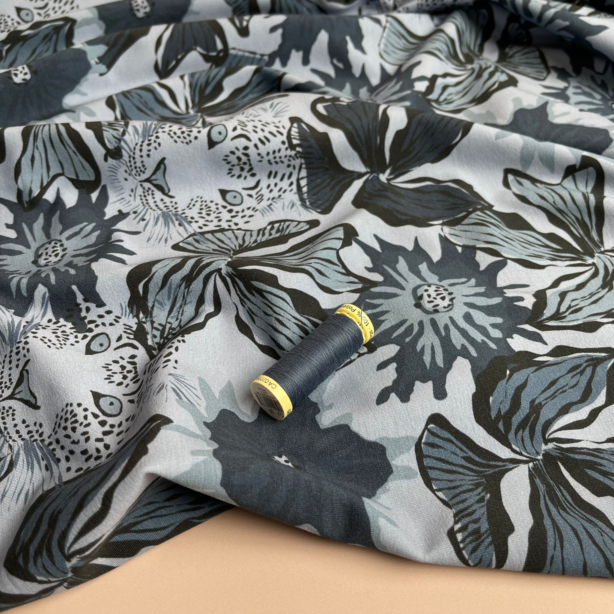REMNANT 2.5 Metres - Danish Design - Blue Leopards Cotton Jersey
